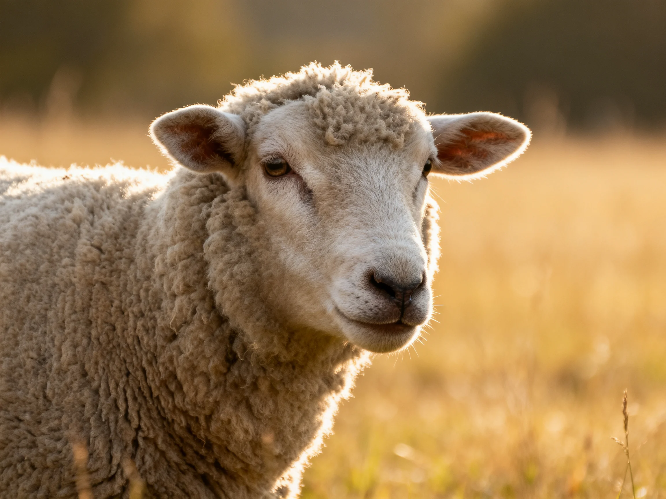 Fluffy white sheep in golden field at sunset