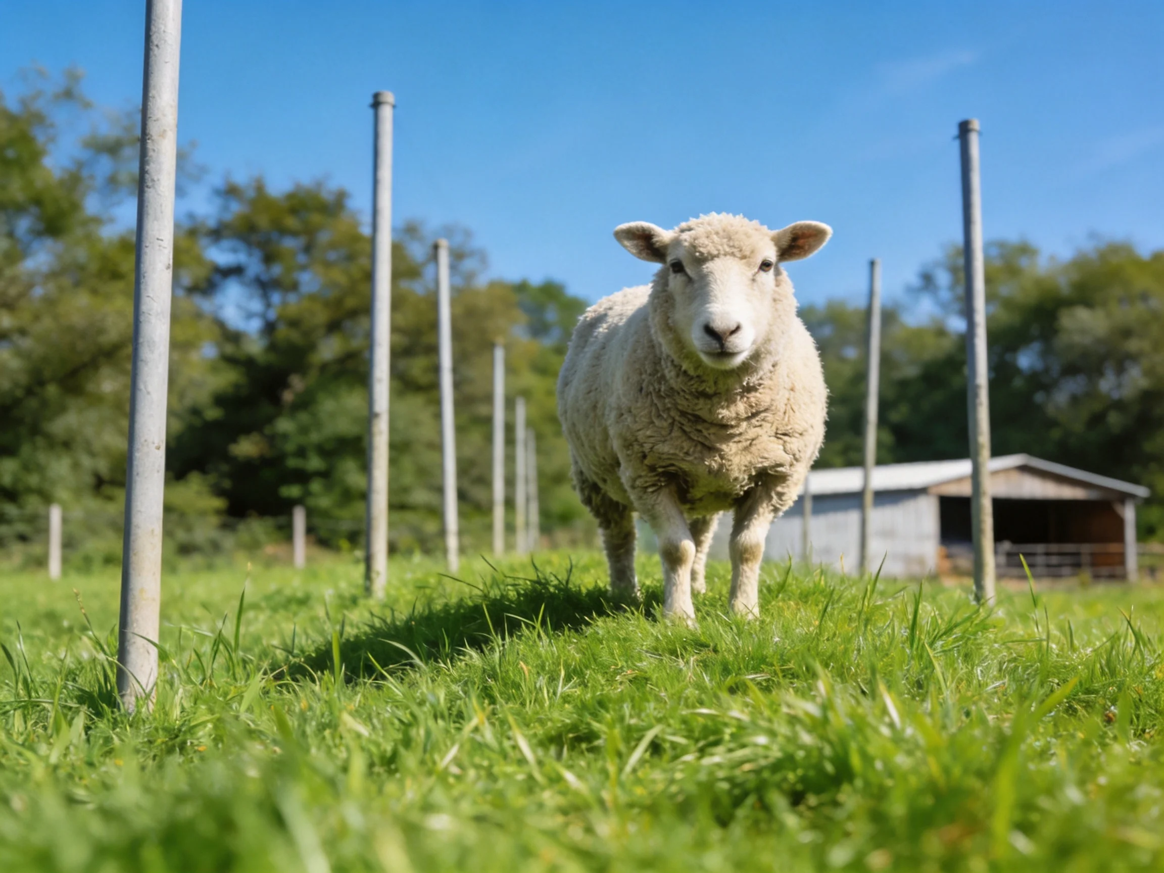 A fluffy white sheep stands among tall green grass near vertical poles.