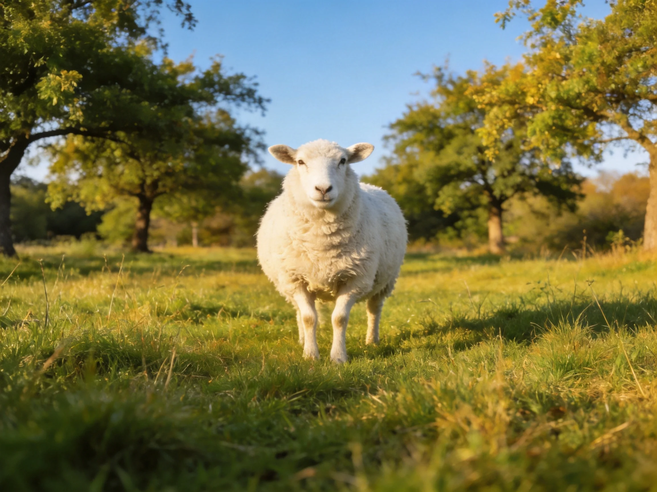 A sheep stands in a sunlit meadow with surrounding trees.