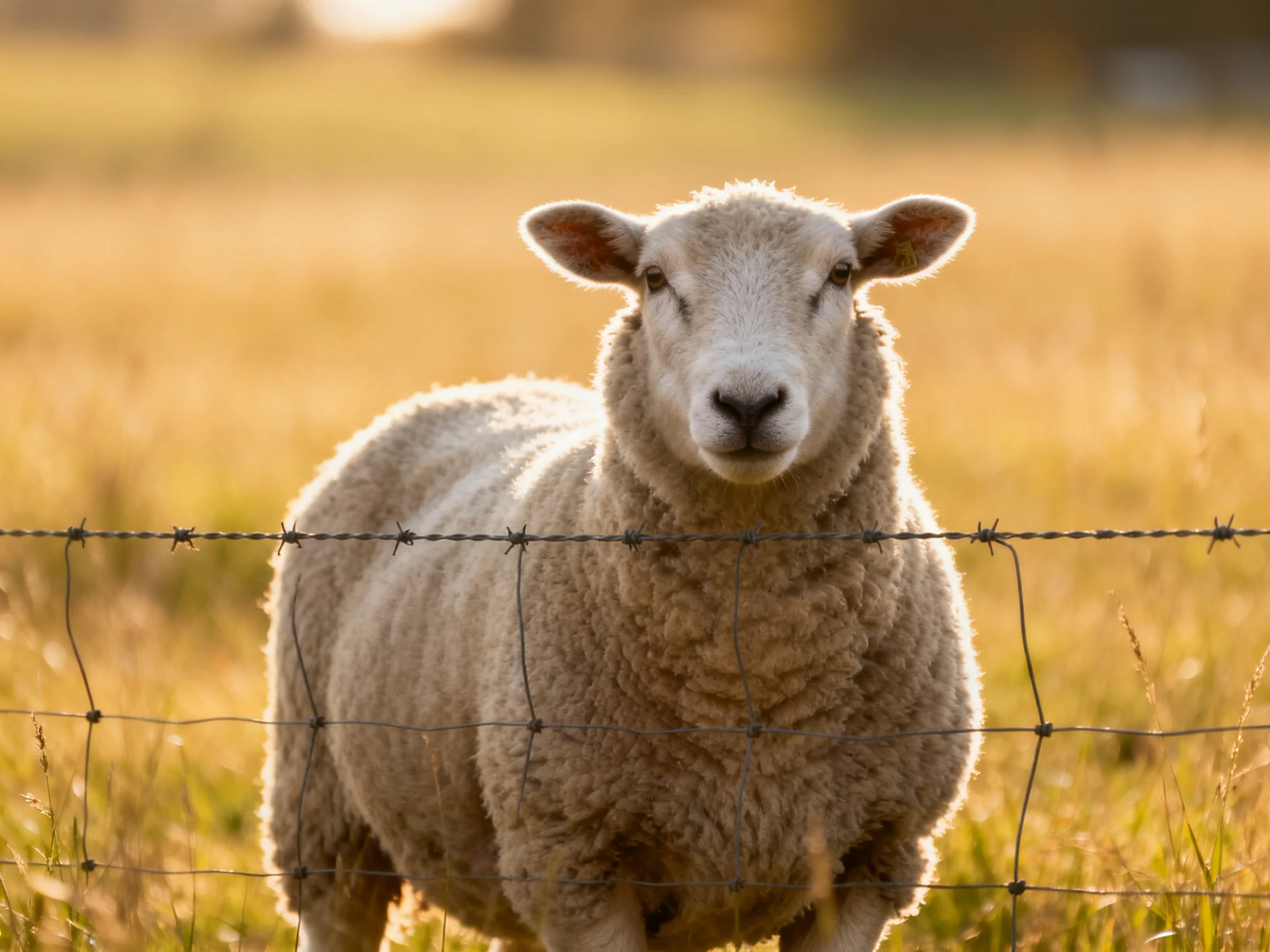 Fluffy white sheep near barbed wire fence in golden field