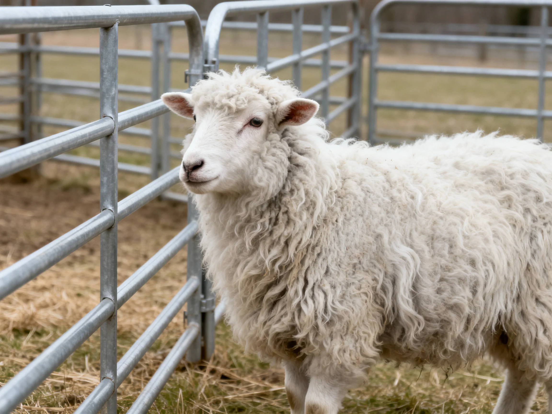 Fluffy white sheep near silver metal fencing in an enclosure