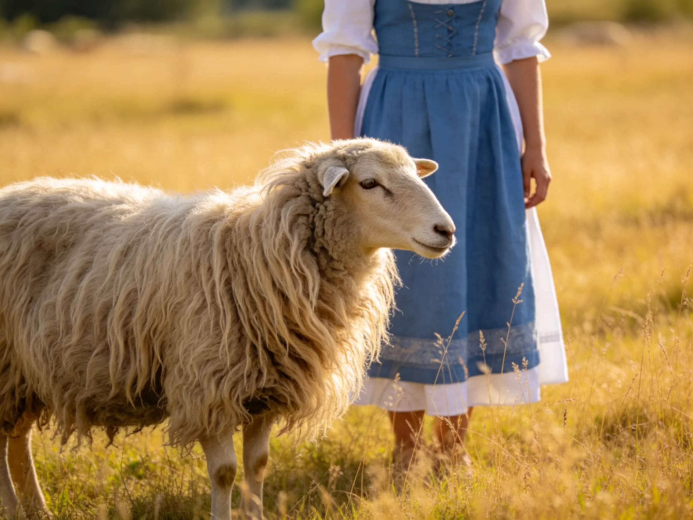 Fluffy white sheep near woman in blue dress