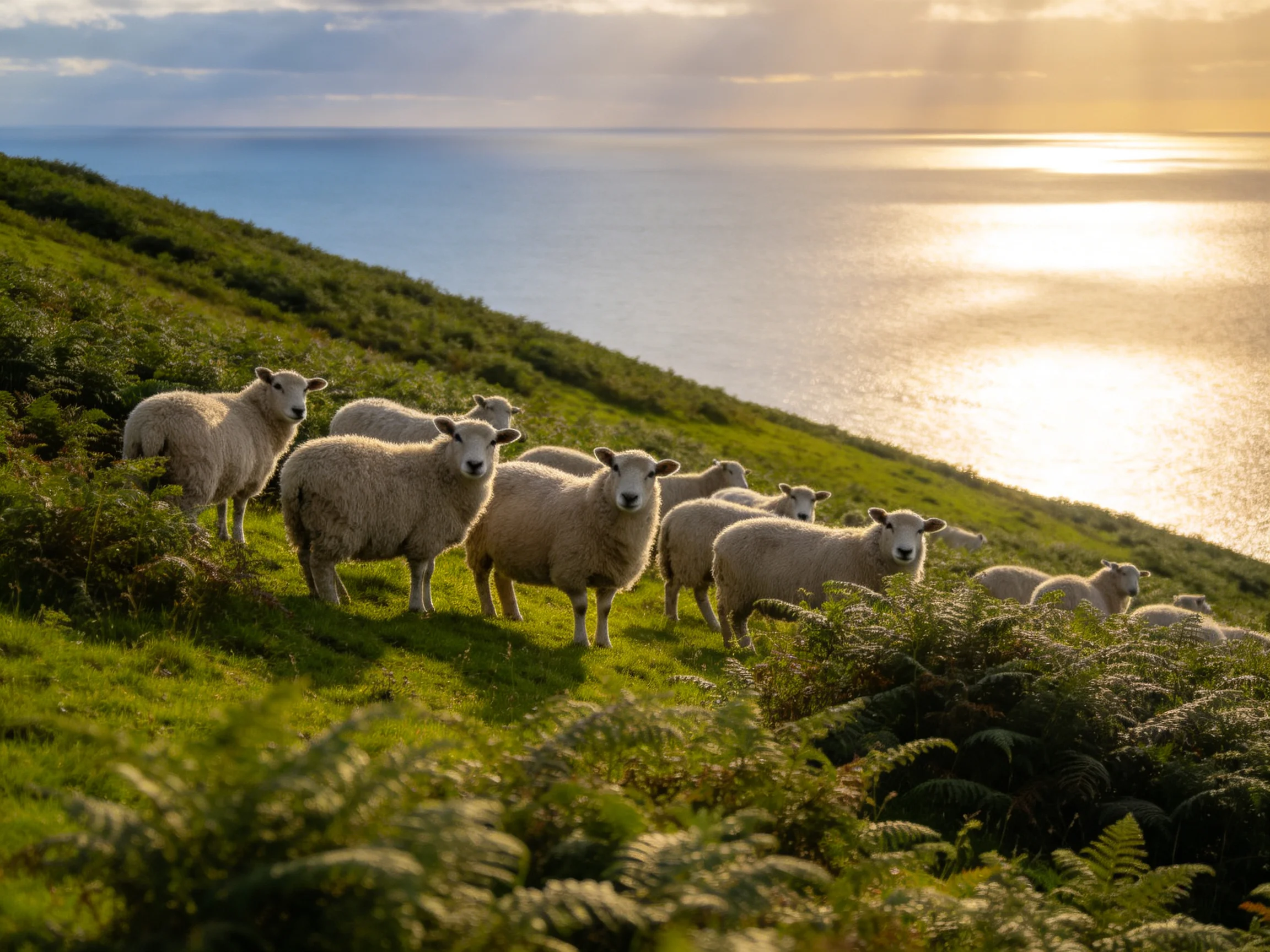 Fluffy white sheep on a verdant hillside by a glistening sea