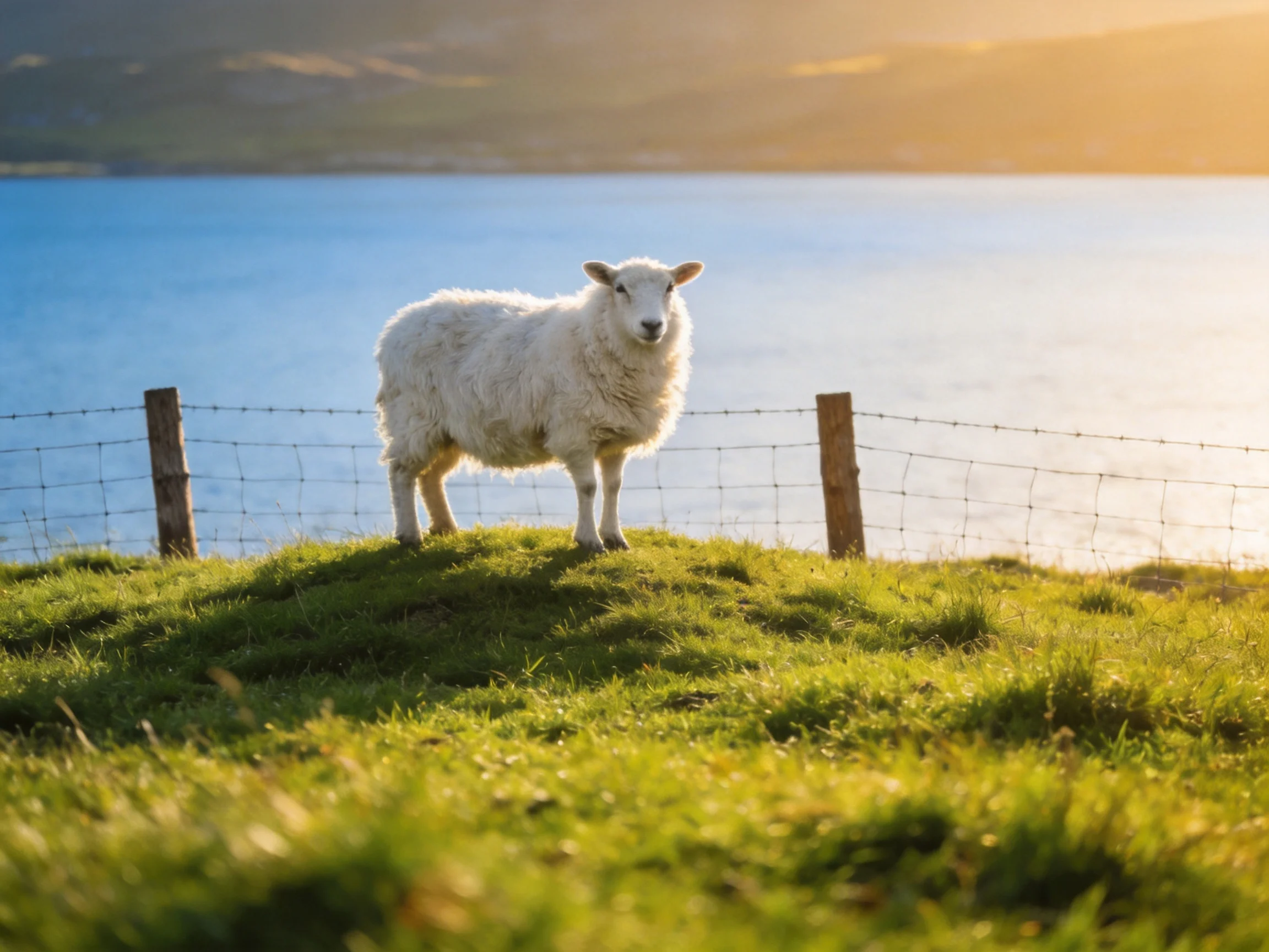 Fluffy white sheep on grassy hill by serene blue lake