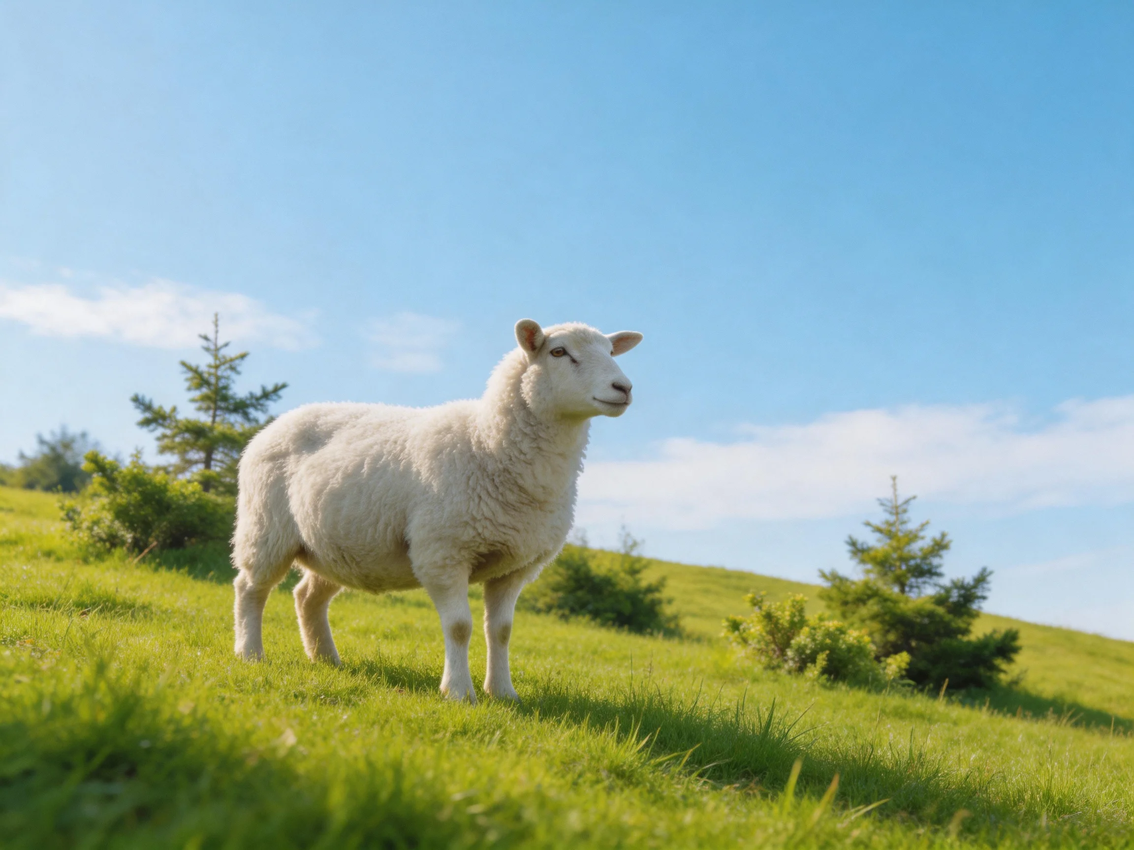 Fluffy white sheep on green hillside under clear blue sky