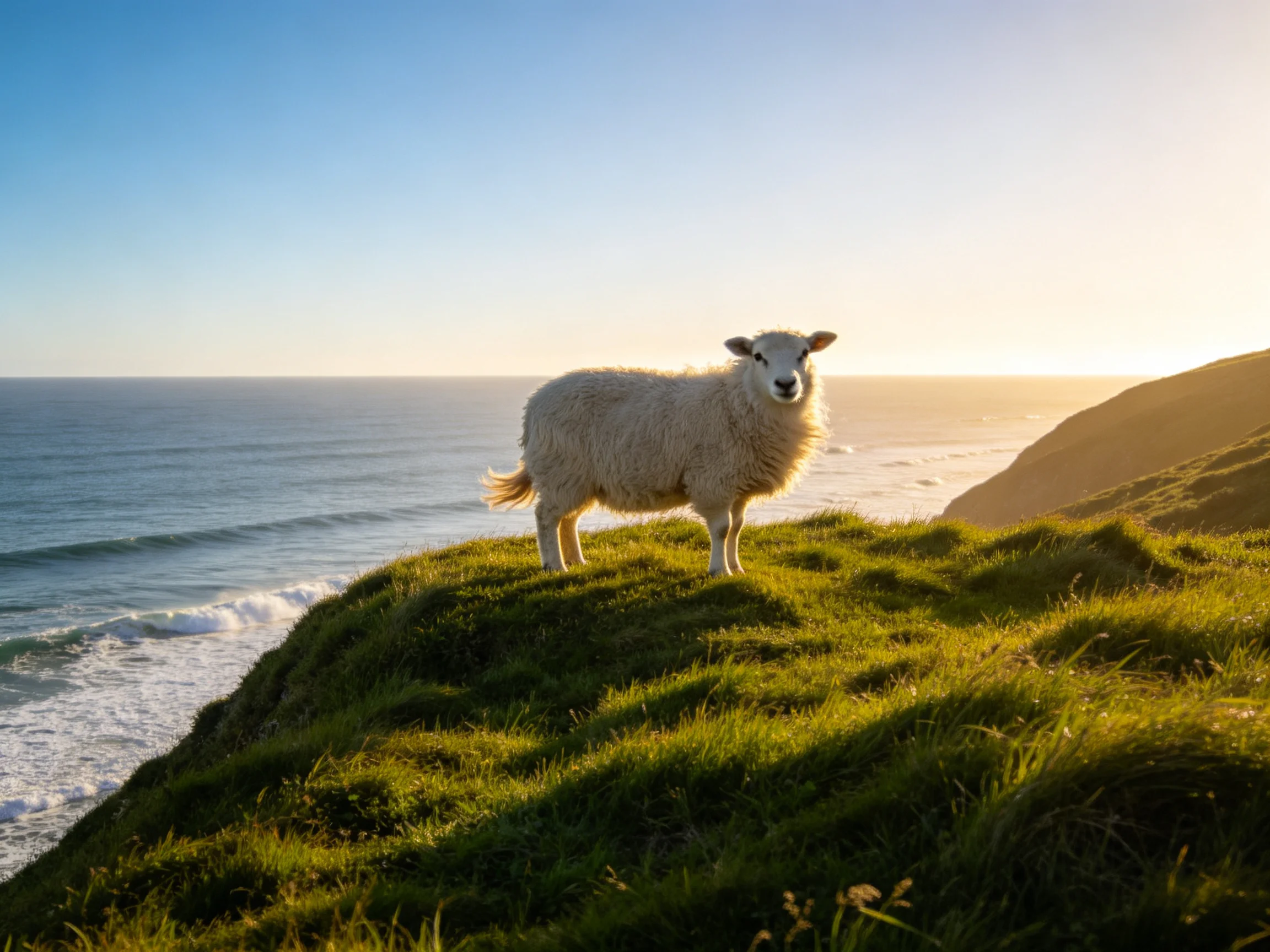 A sheep stands on a grassy cliffside overlooking the ocean under clear