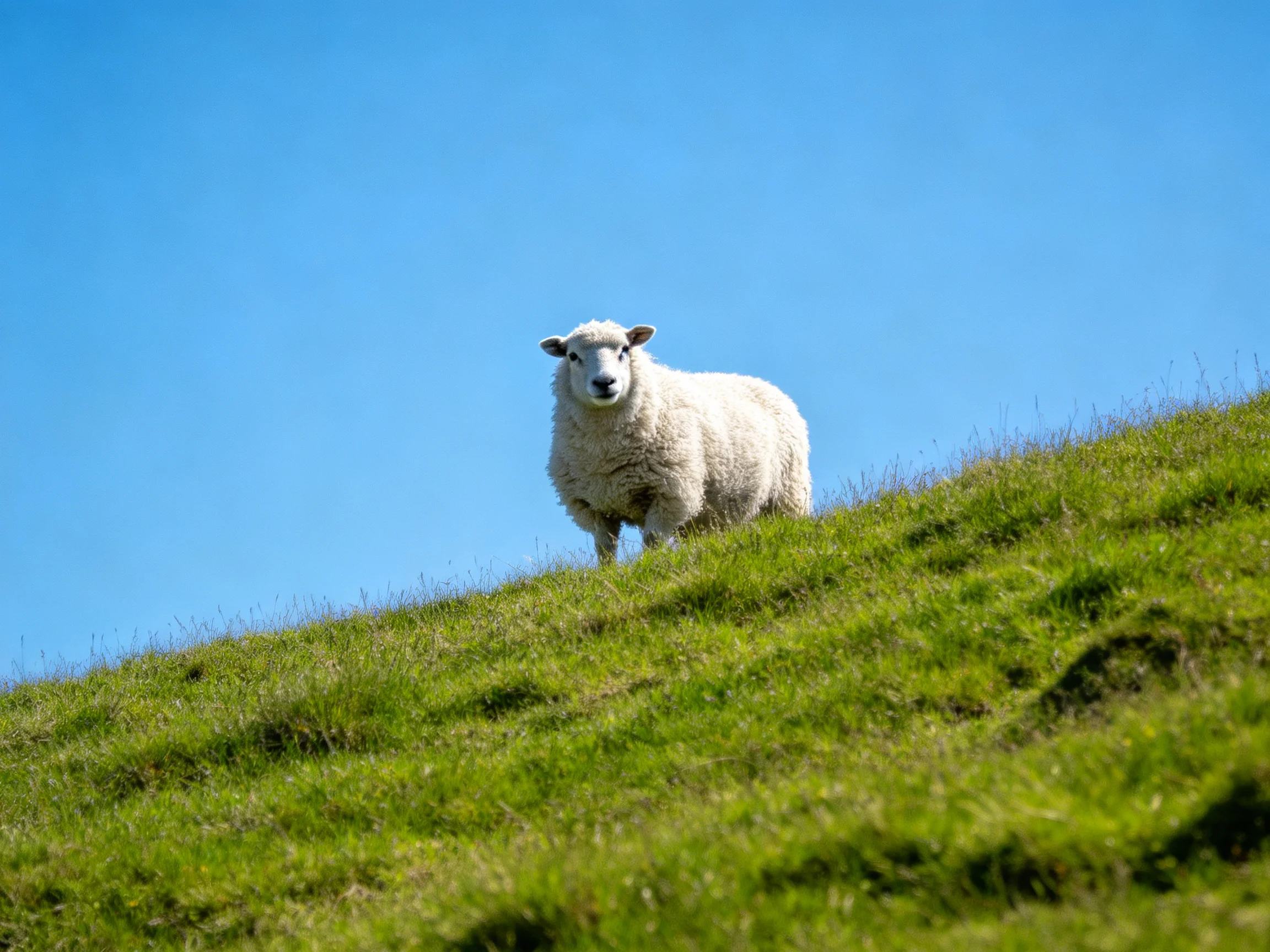 A sheep stands alone on a grassy hill beneath a bright blue sky.