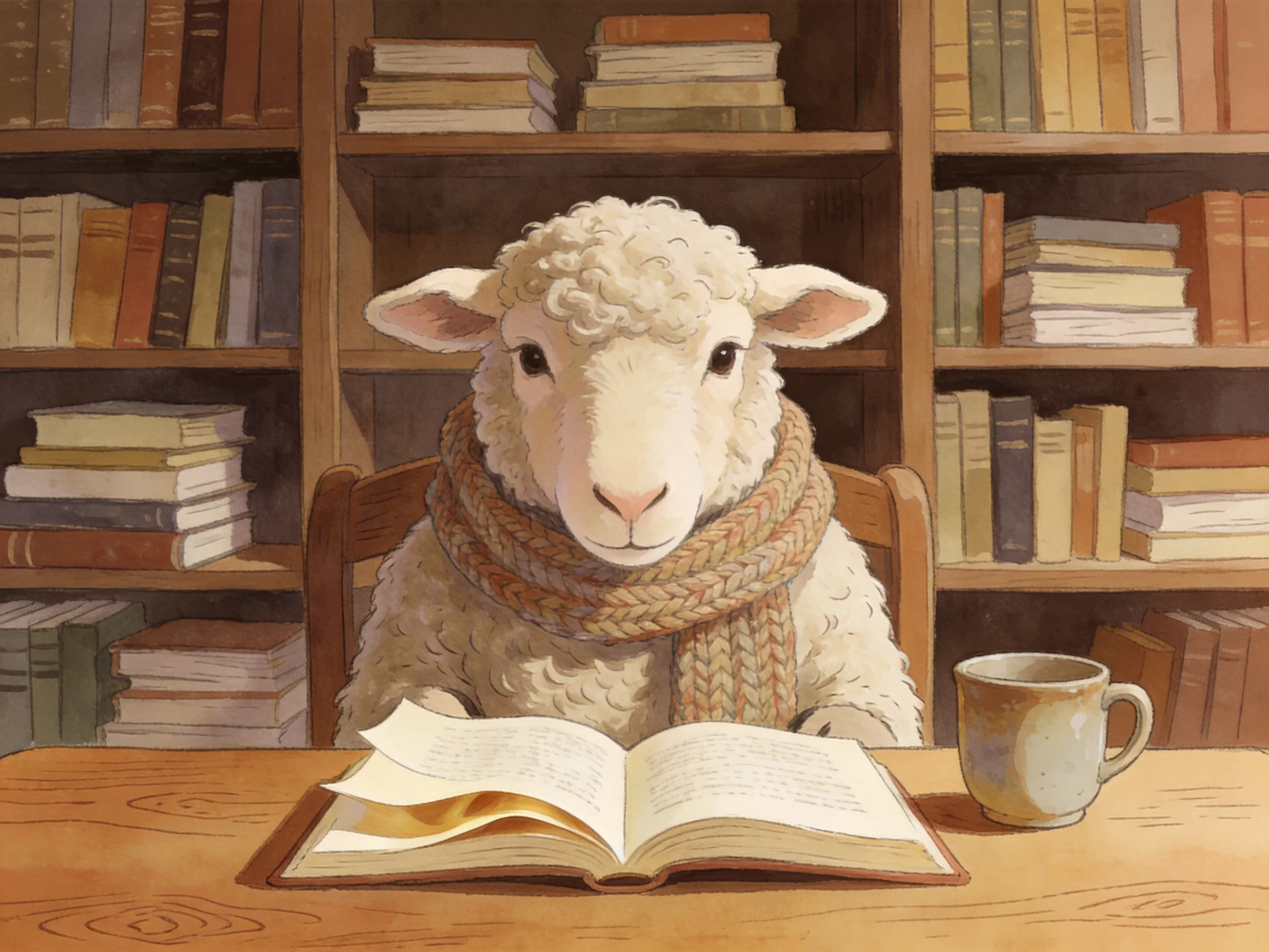 Fluffy white sheep reads at a wooden table among bookshelves