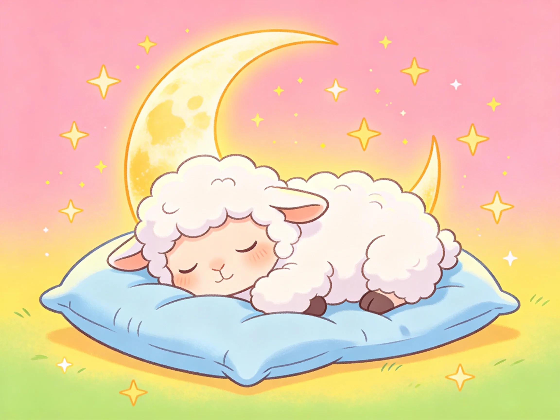 Fluffy white sheep sleeping on blue cushion near crescent moon