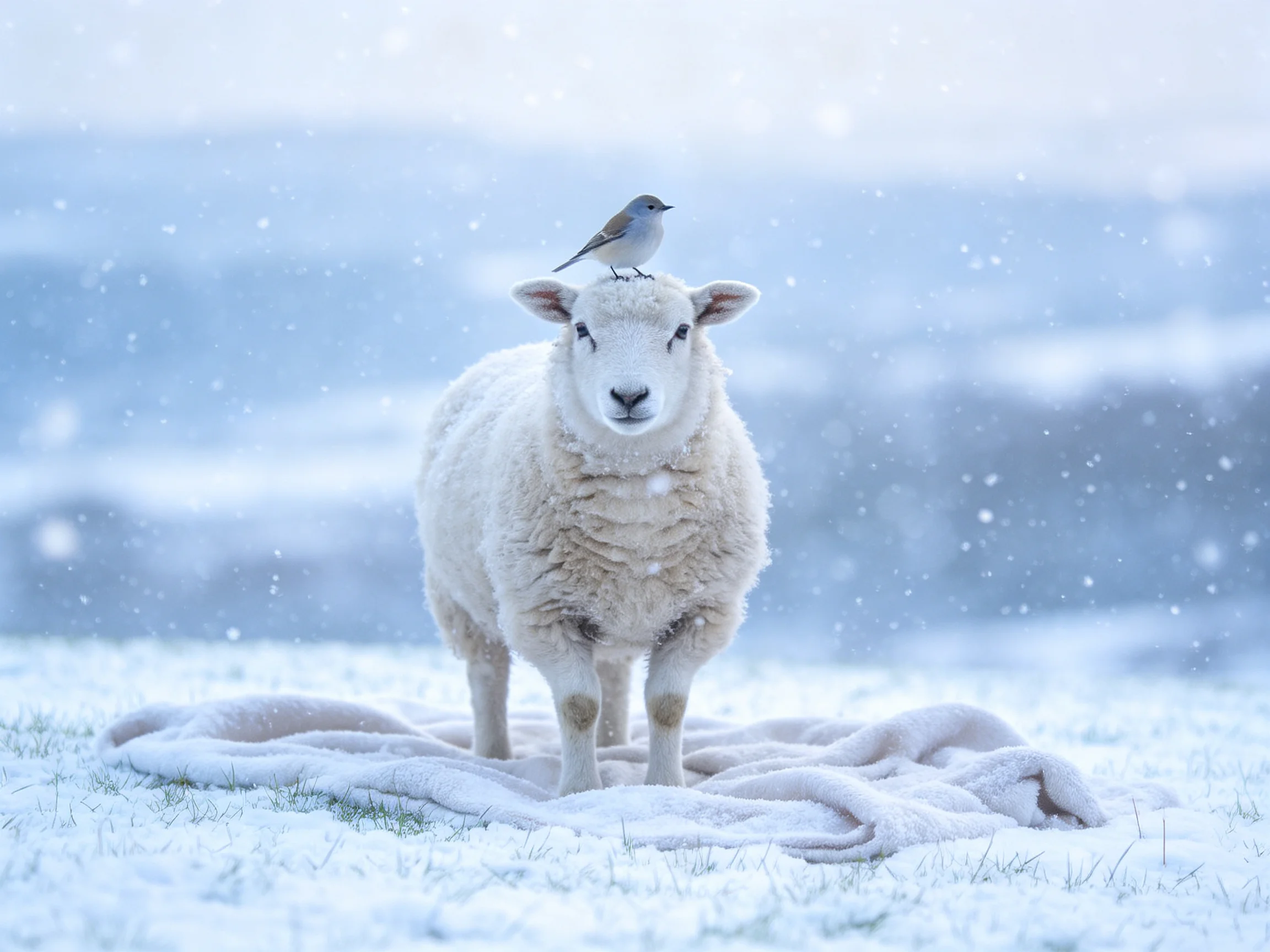 Fluffy white sheep with bird on snowy head