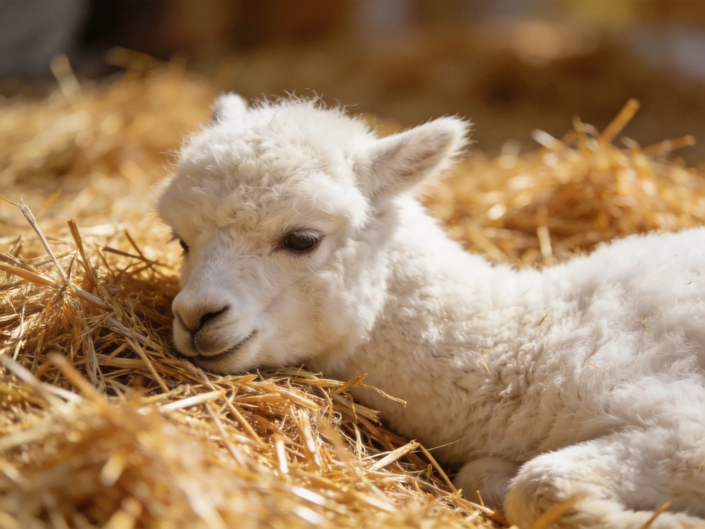 Fluffy whitebaby alpaca resting on golden straw piles