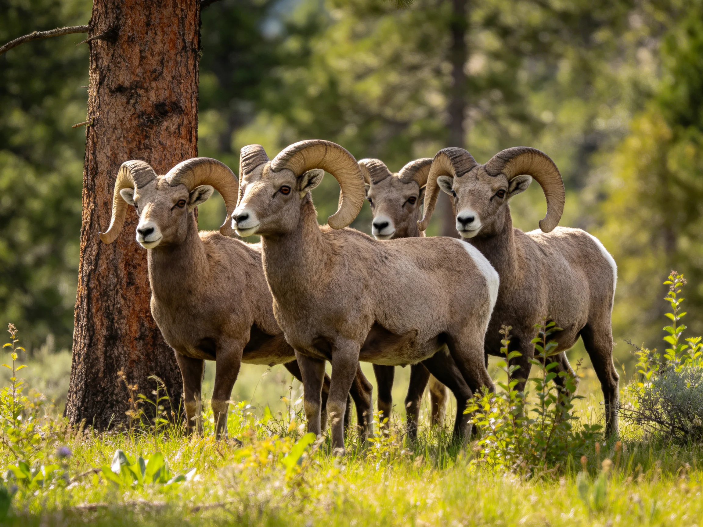 Four bighorn sheep with large curved horns near a tree