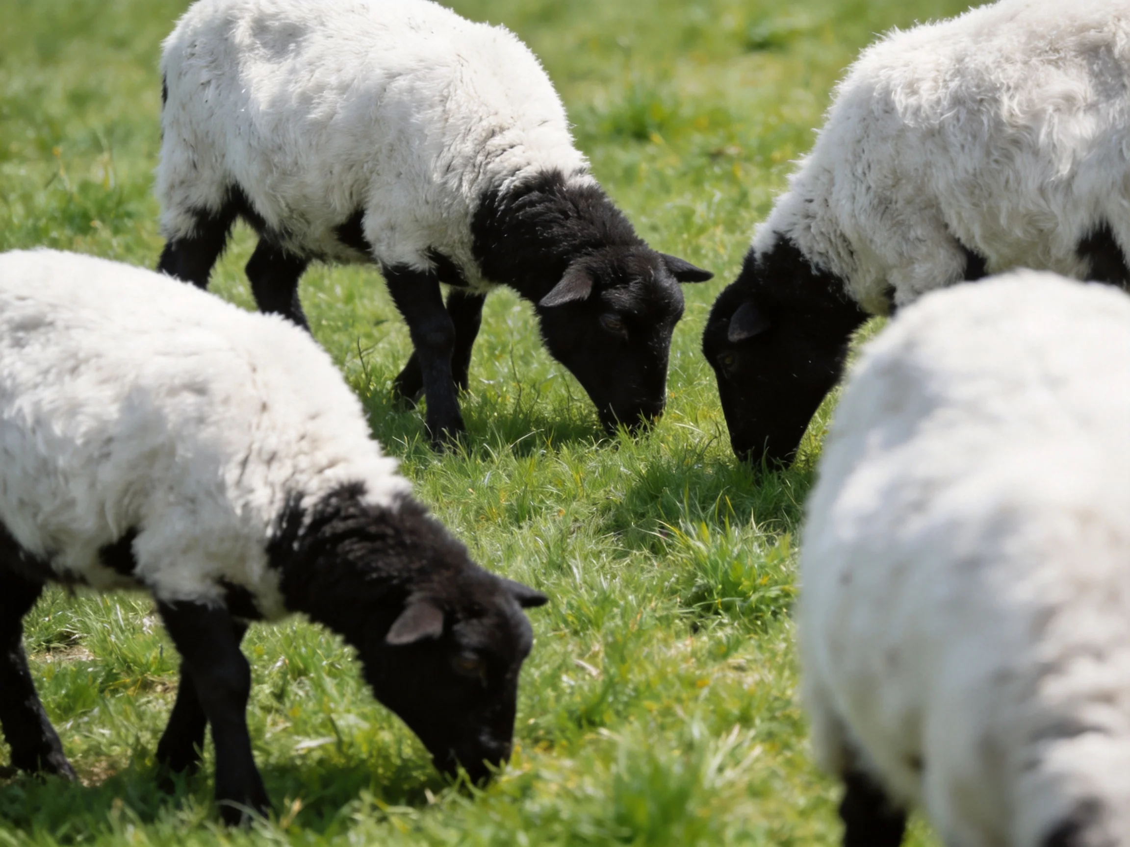 Four black-faced sheep graze in a lush green meadow