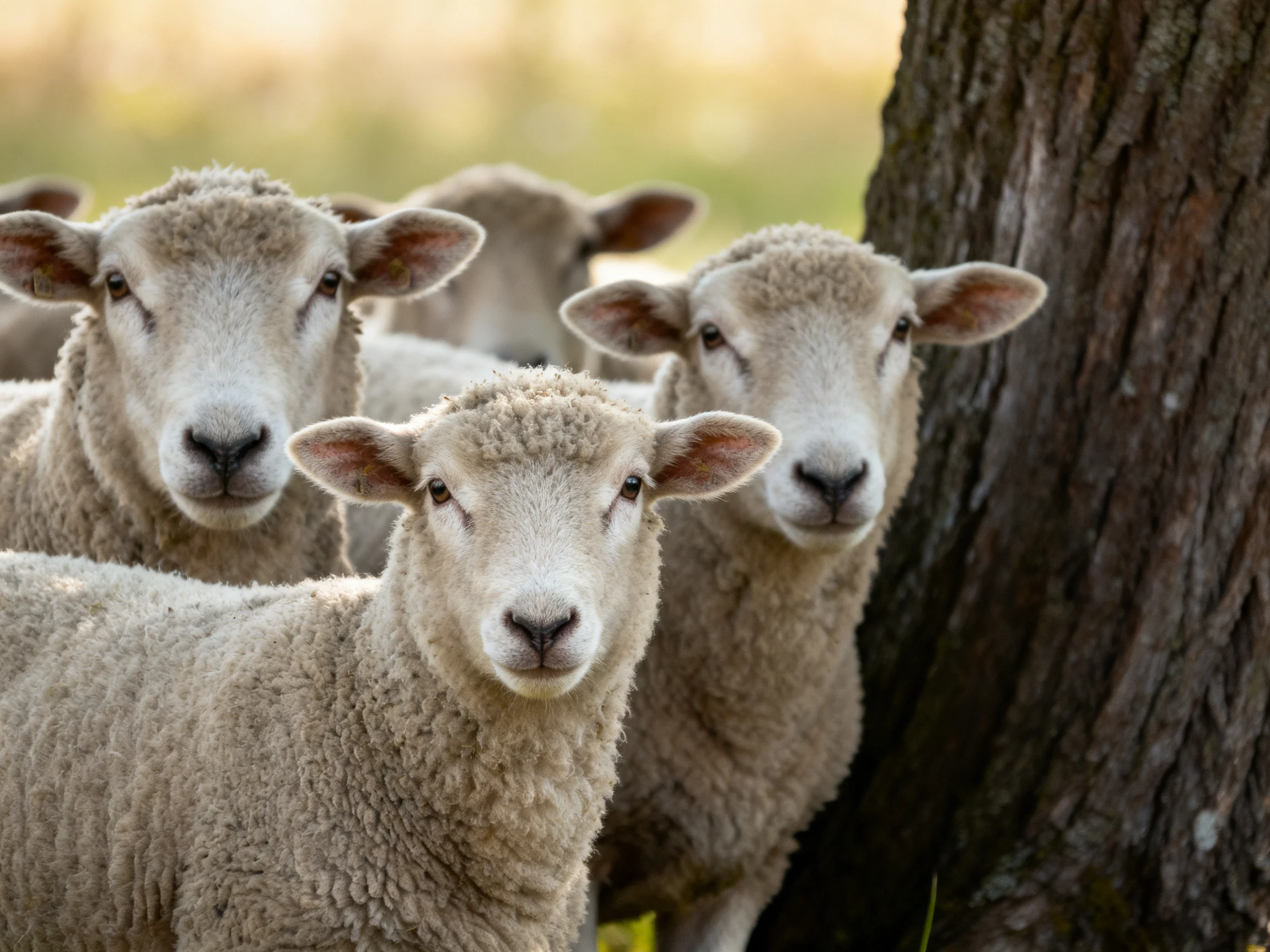 Four fluffy lambs gather by a large textured tree trunk