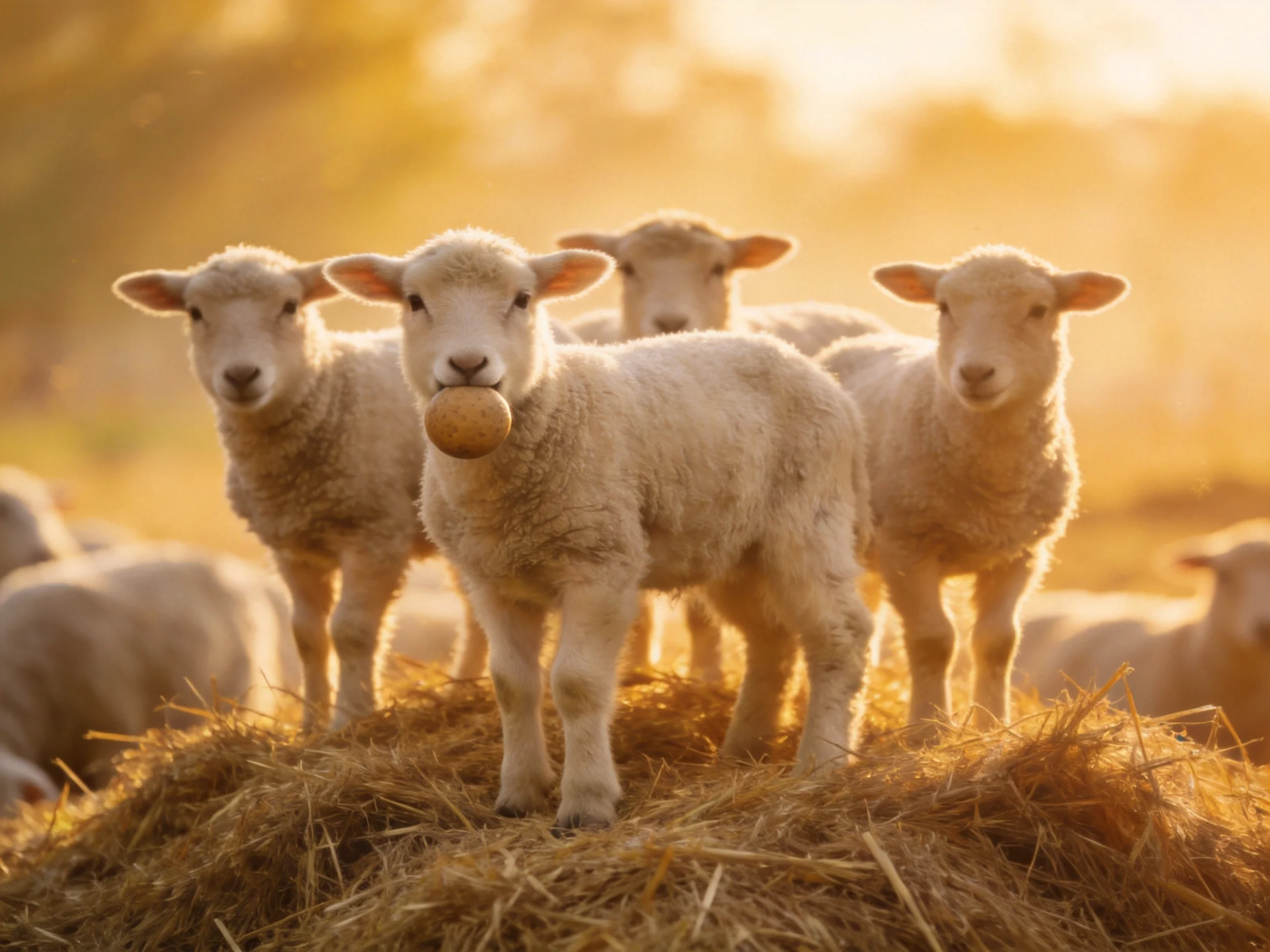 Four fluffy lambs stand atop golden straw under warm sunlight