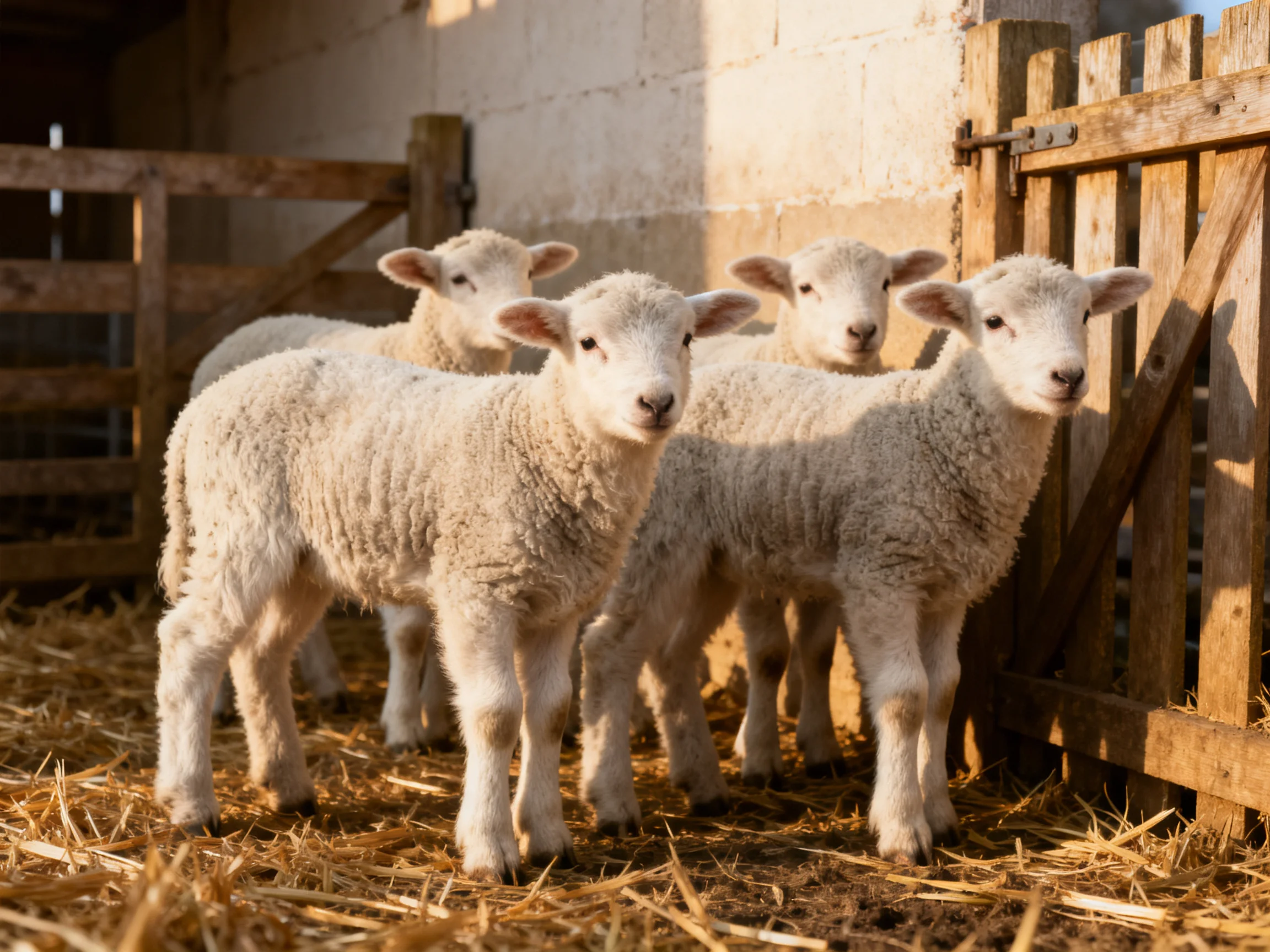 Four fluffy white lambs in a barn with straw bedding