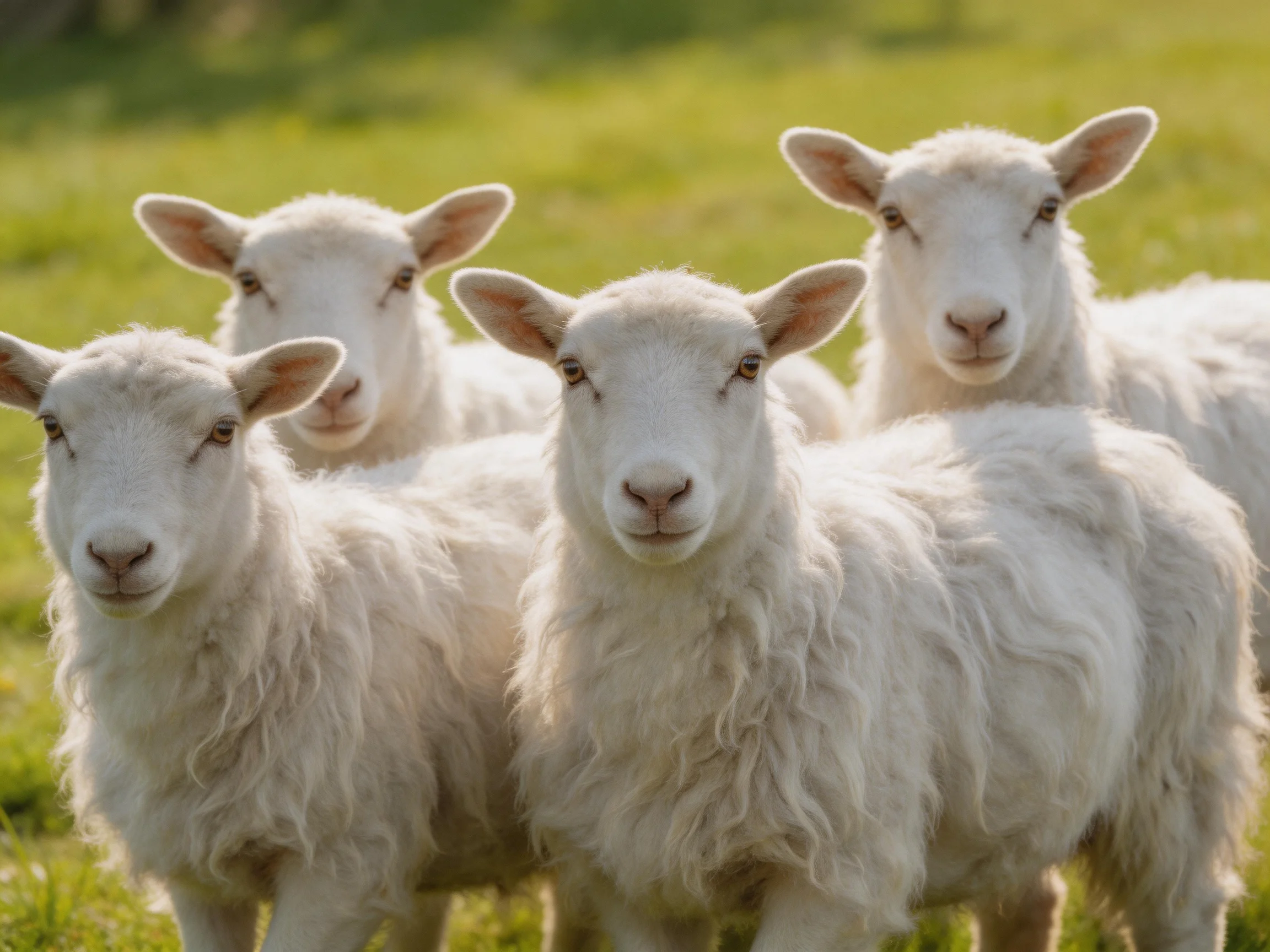 Four white lambs gather closely in a sunlit green area.