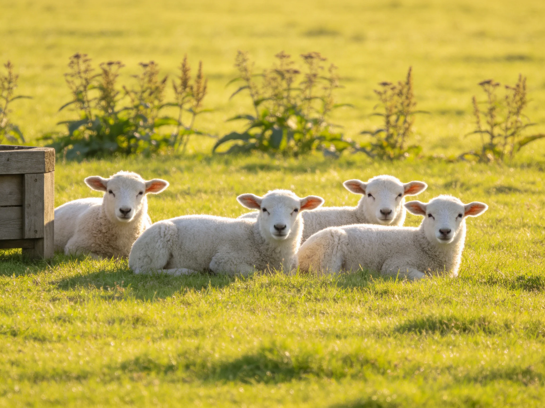 Four fluffy white lambs resting in sunlit pasture