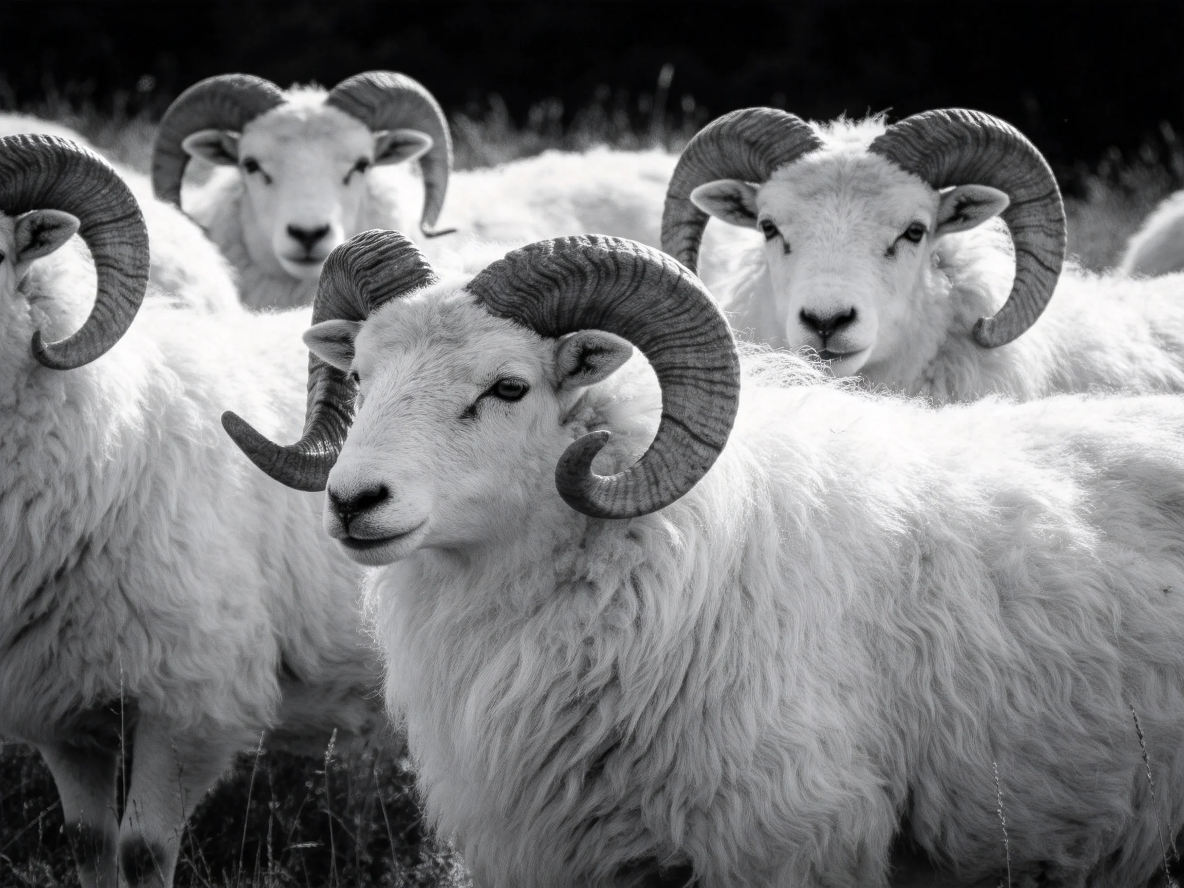 Four horned sheep clustered in a natural landscape