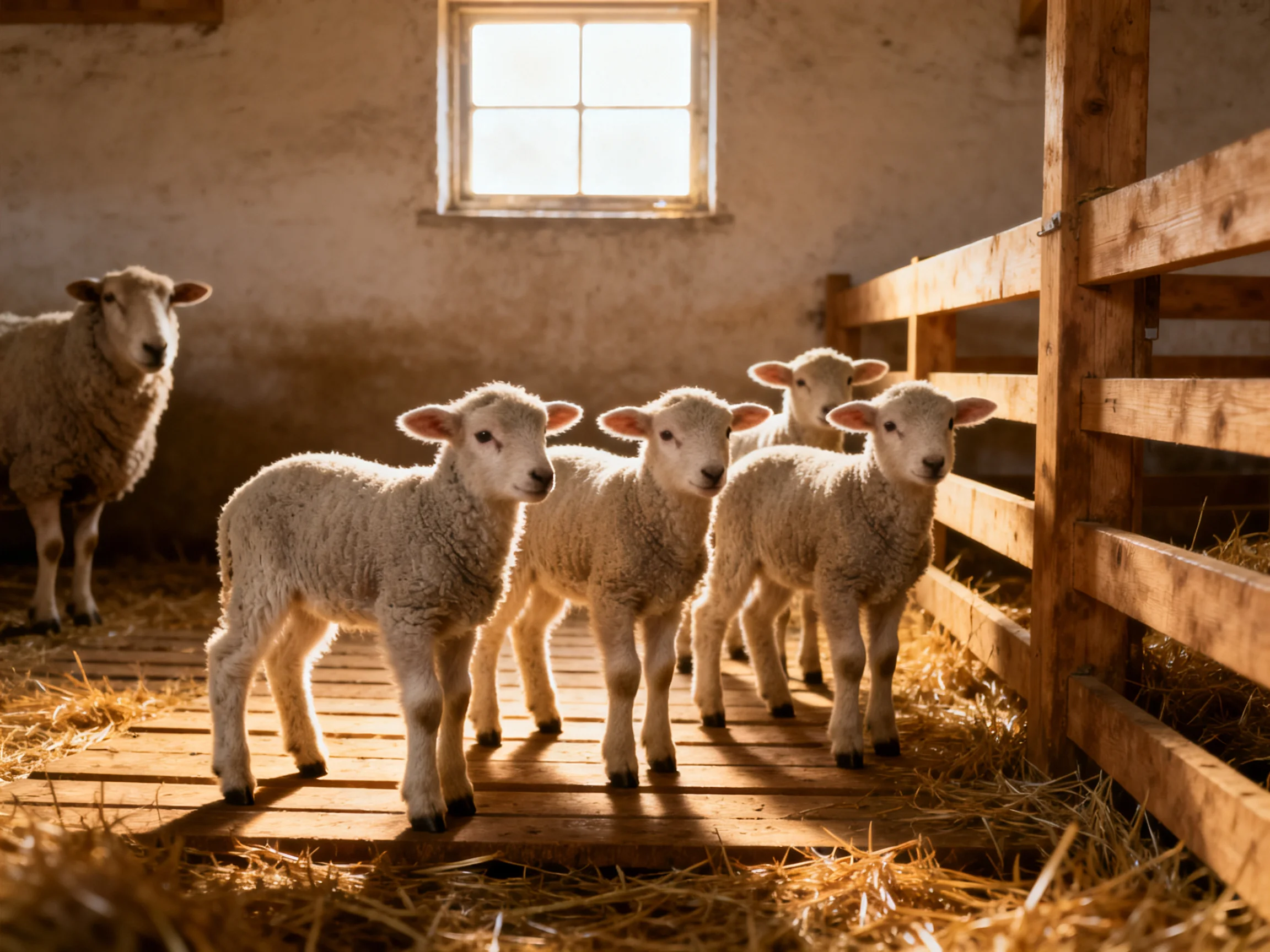 Four lambs and one adult sheep in a sunlit barn with straw