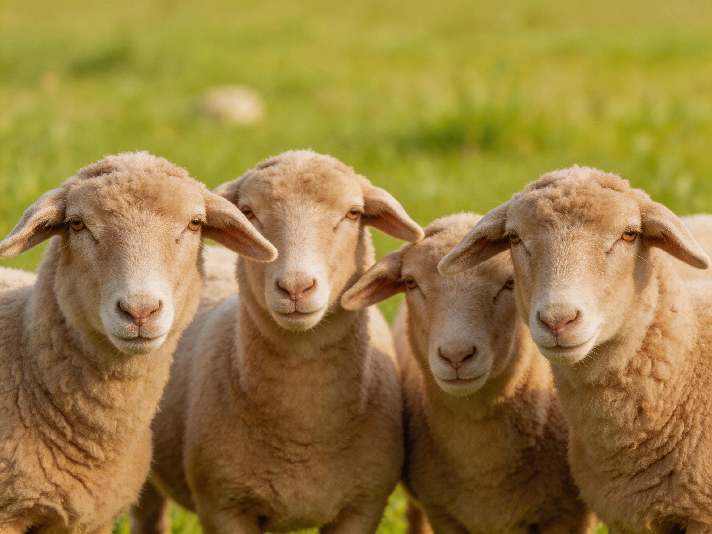 Four light brown lambs cluster in a sunlit green pasture