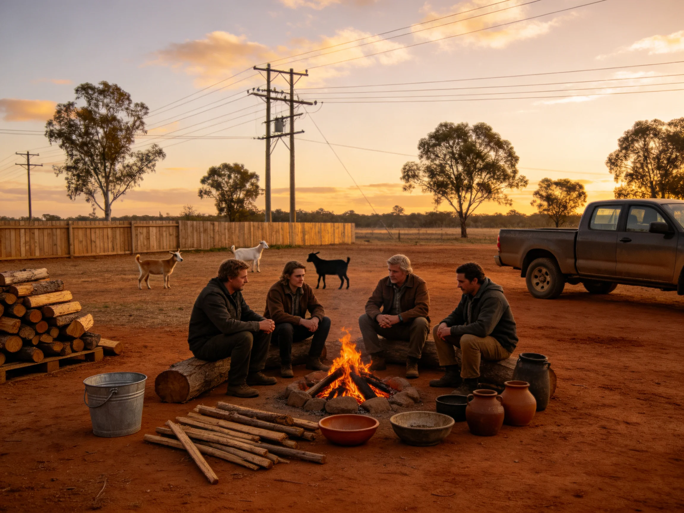 Four people gather around a campfire near goats, pickup, and wood at sunset