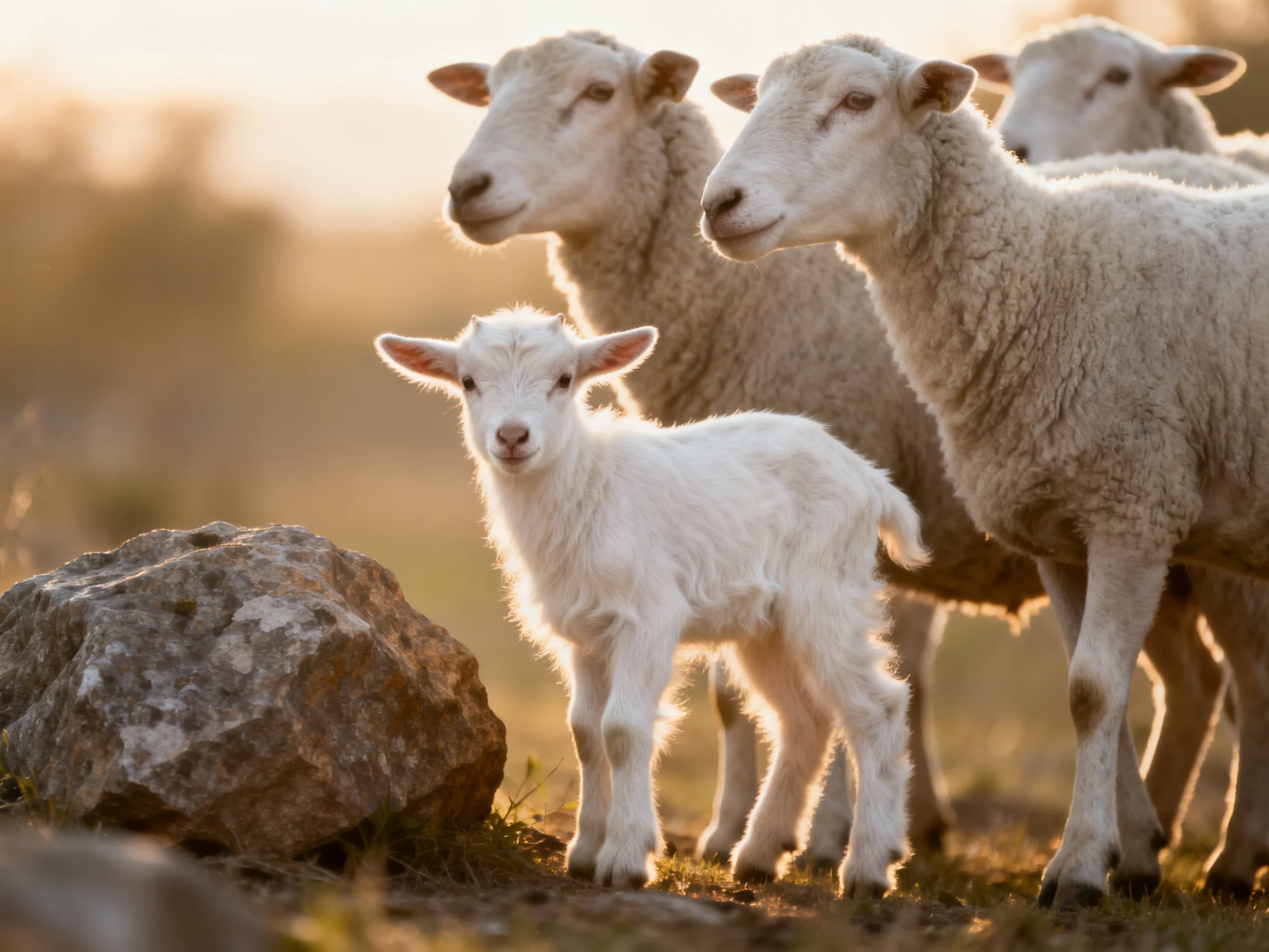 Sheep and a lamb gather near a rock under warm sunlight.