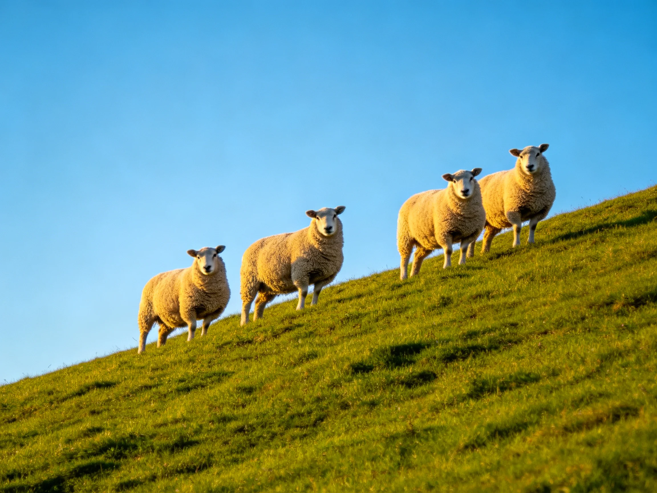 Four sheep stand on a lush green hillside beneath clear blue sky