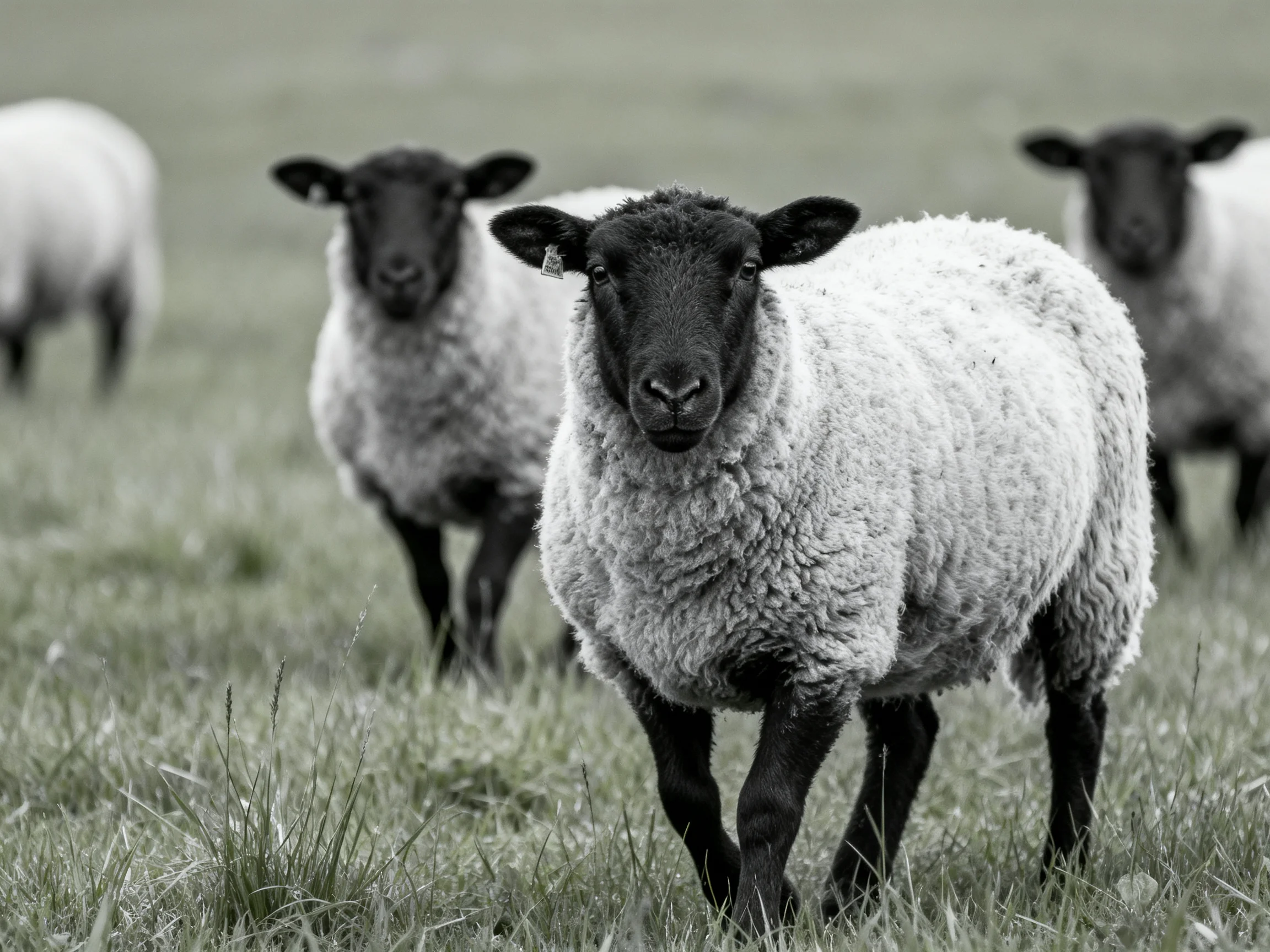 Four sheep with black faces and white wool graze in a grassy field