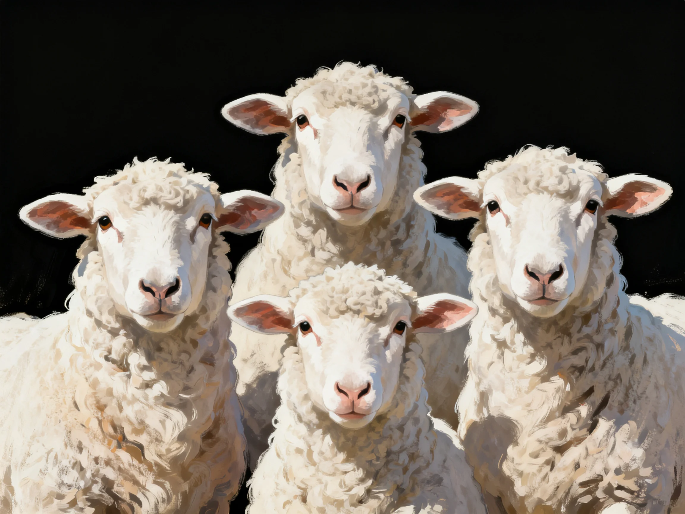 Four sheep with thick, curly white wool on a black background