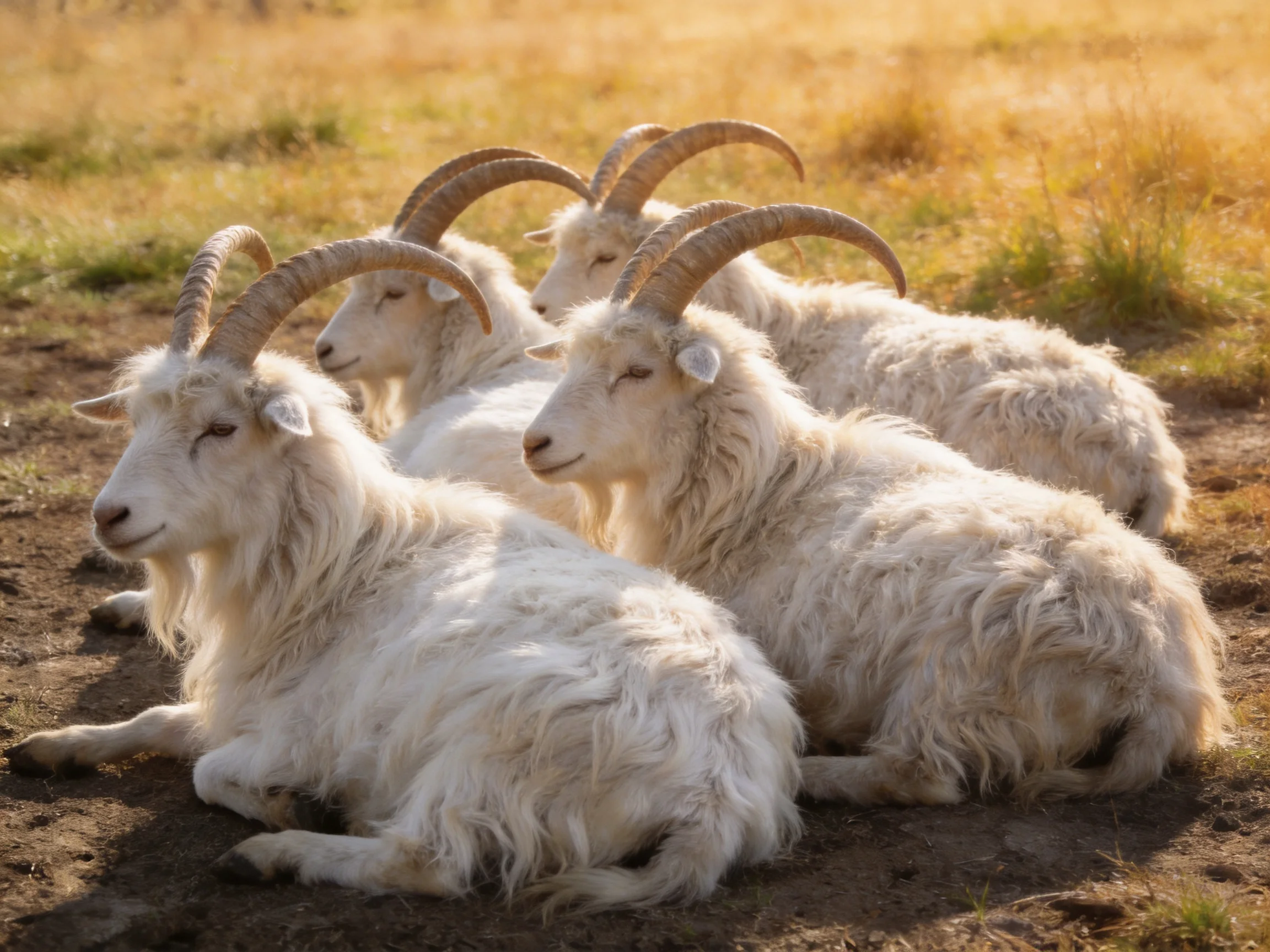 Four white horned goats rest in a sunlit field