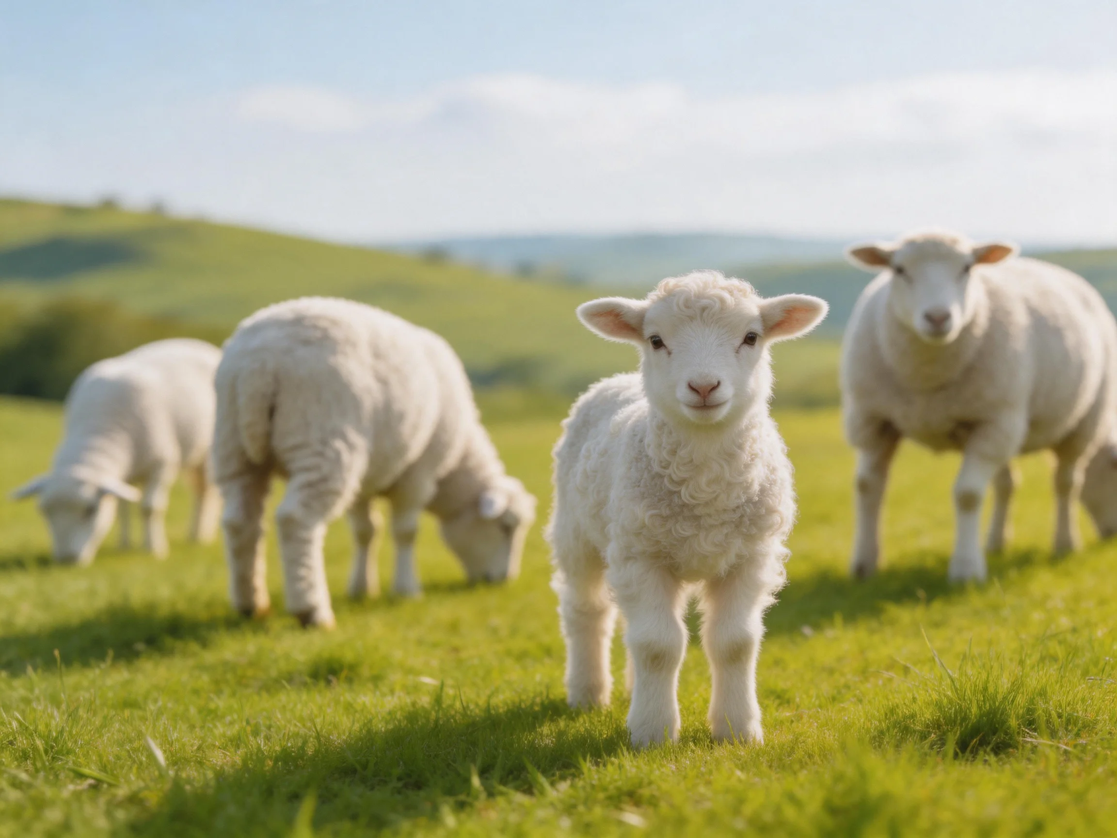 Four sheep graze in a sunlit green pasture.