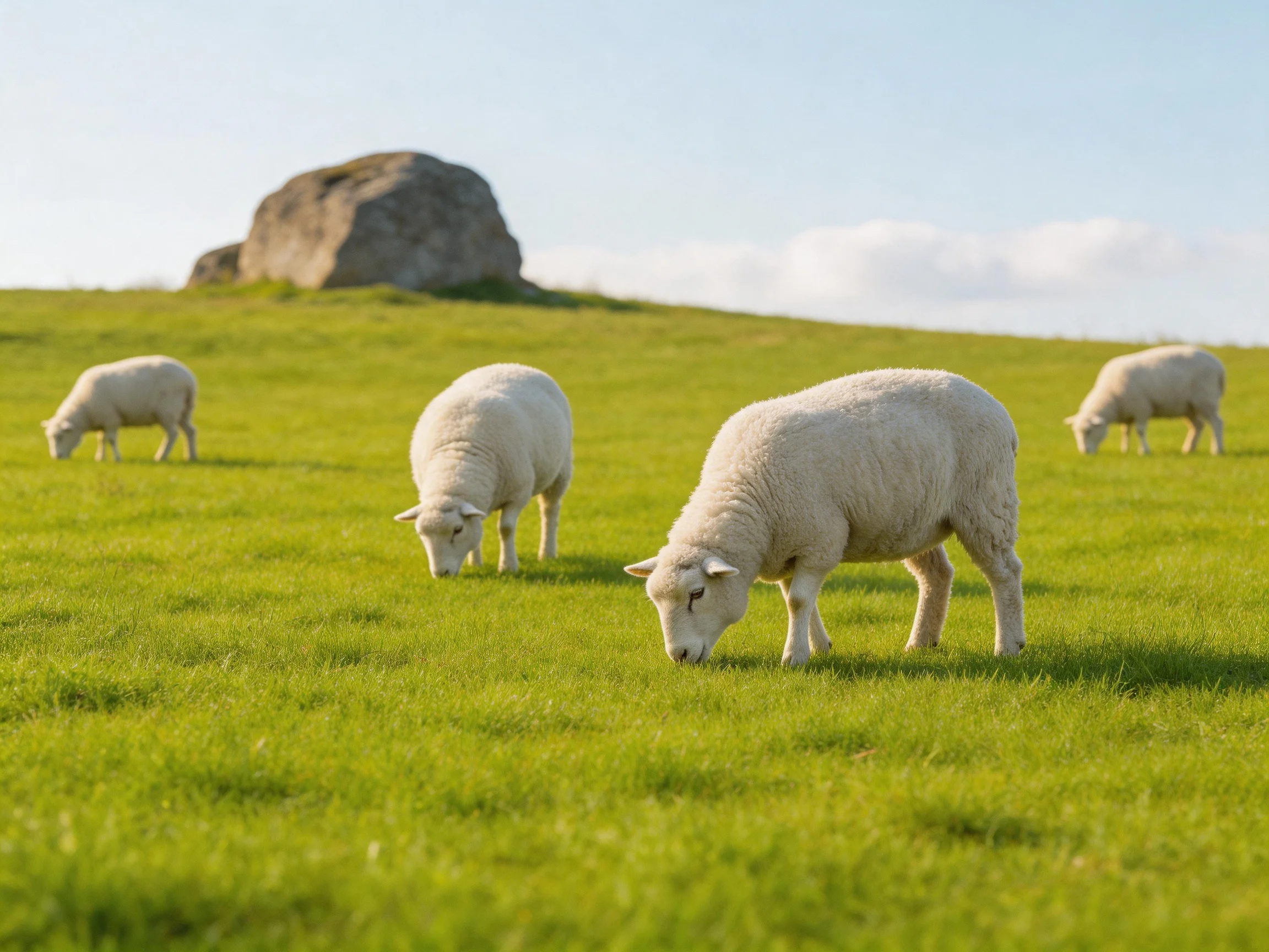 Four white lambs graze in a sunlit green pasture near a large rock