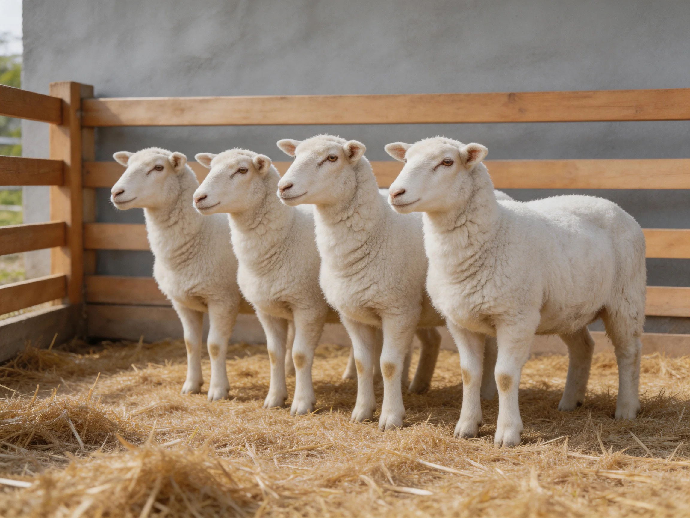 Four white lambs gather in a wooden enclosure with straw flooring
