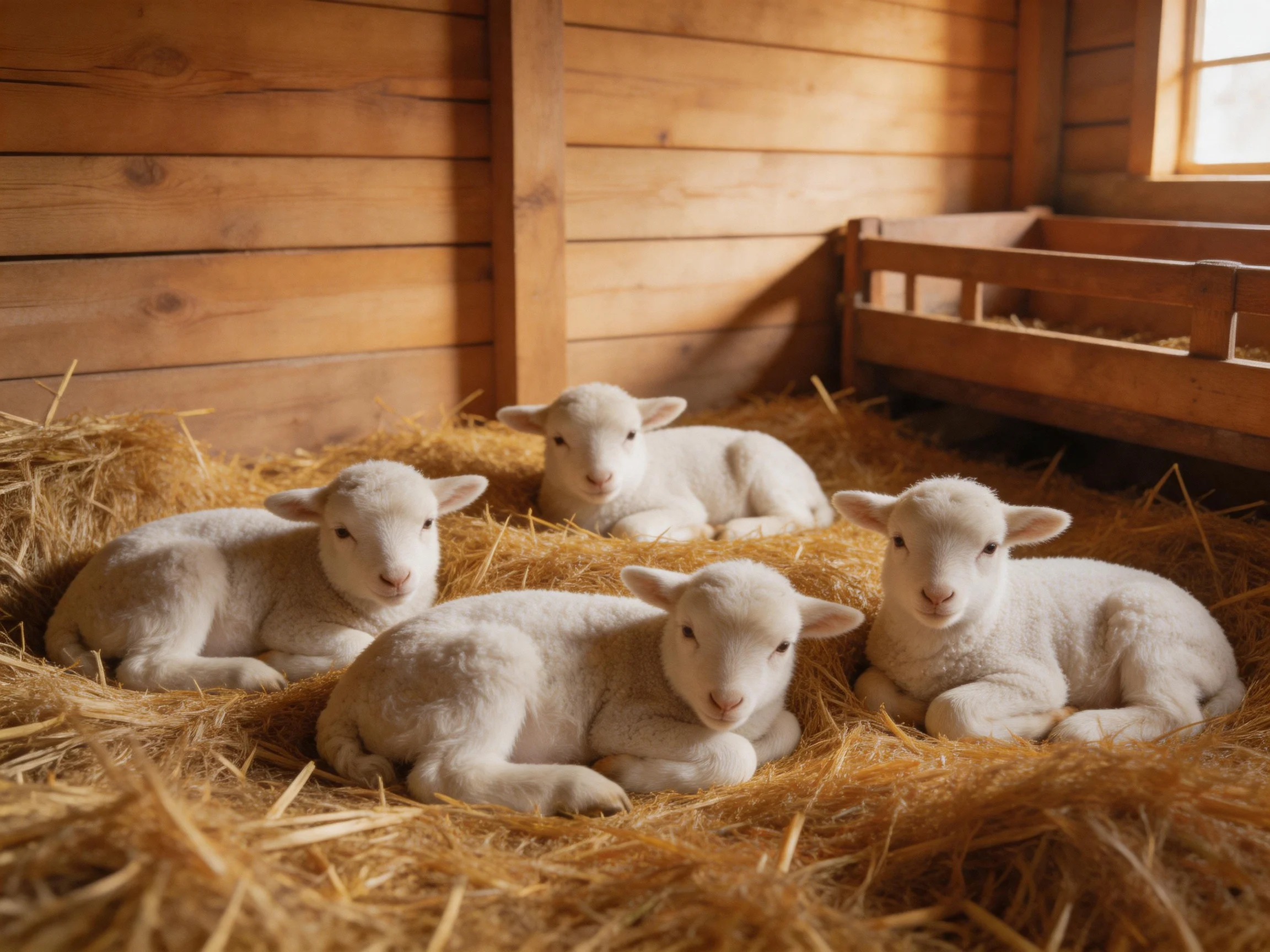 Four white lambs rest on golden straw in a wooden barn