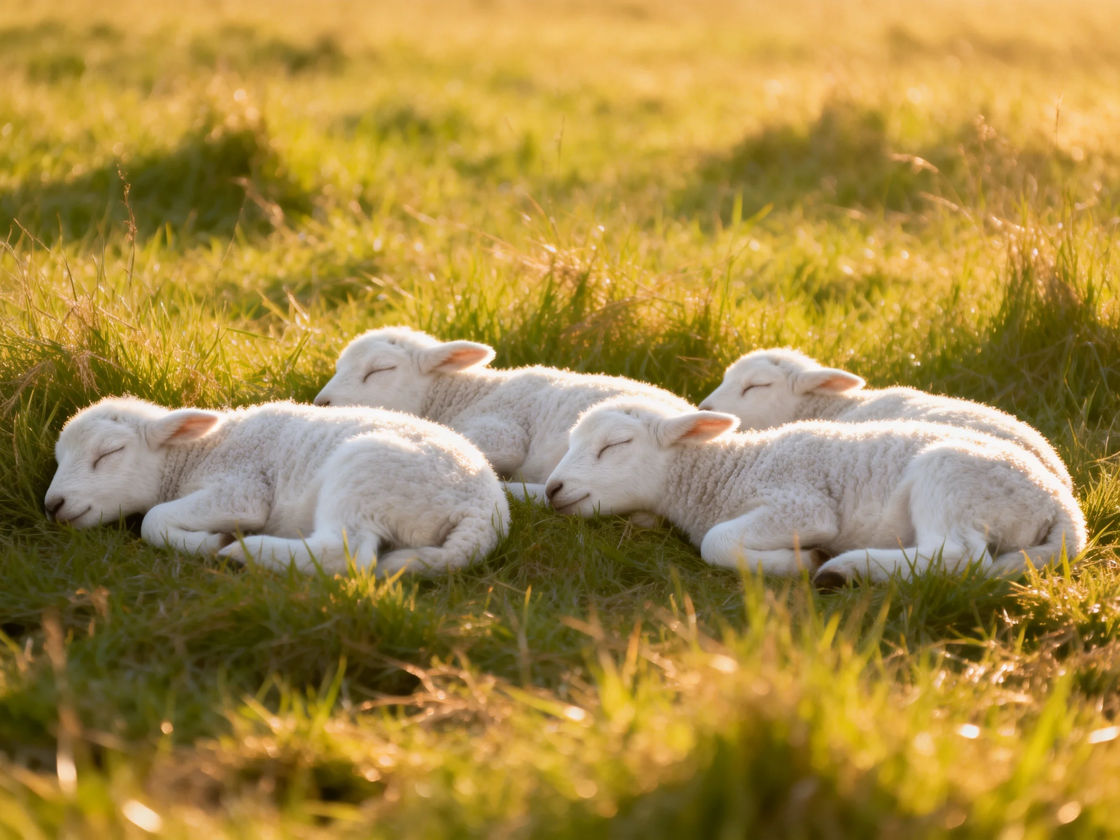 Four white lambs sleep in sunlit grassy field