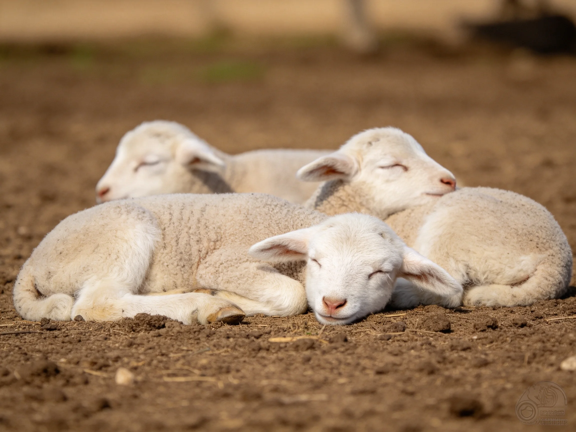 Four white lambs sleeping together on dirt ground