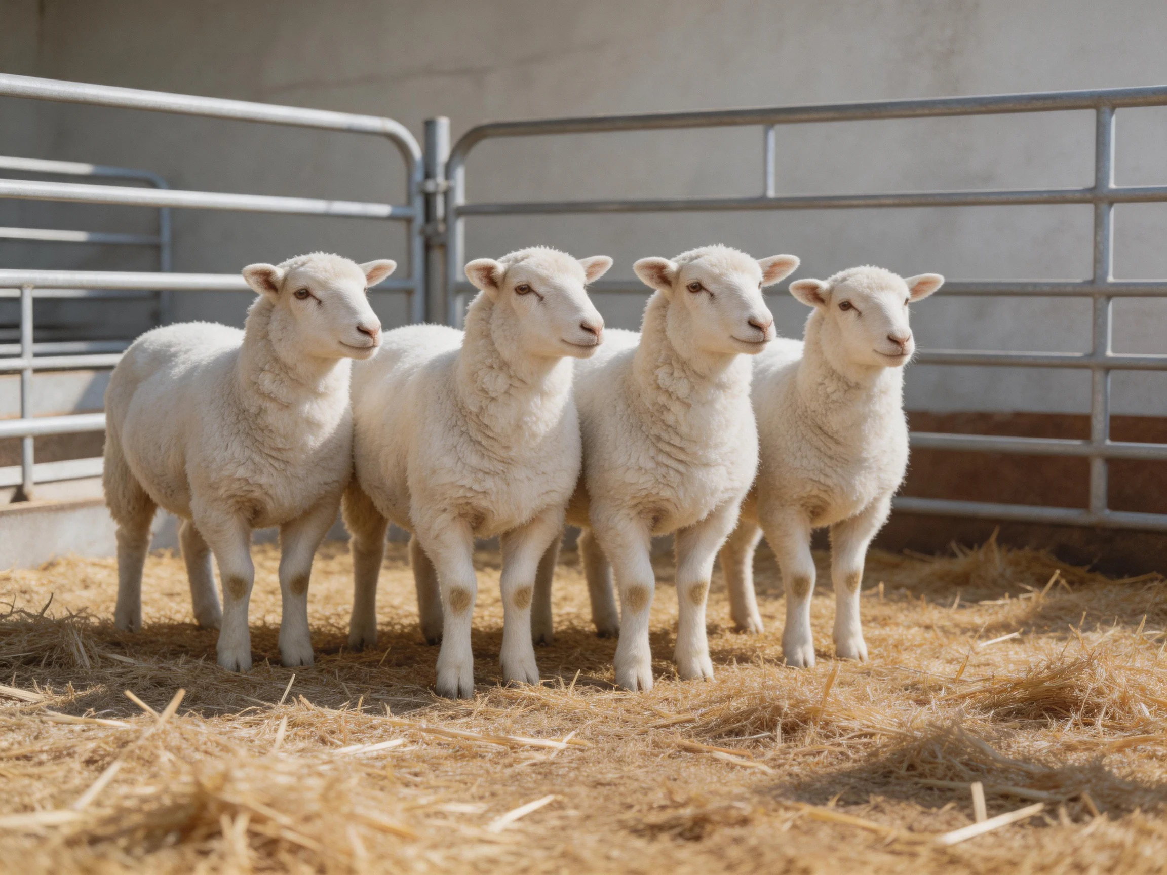 Four white lambs stand in a pen with golden straw bedding