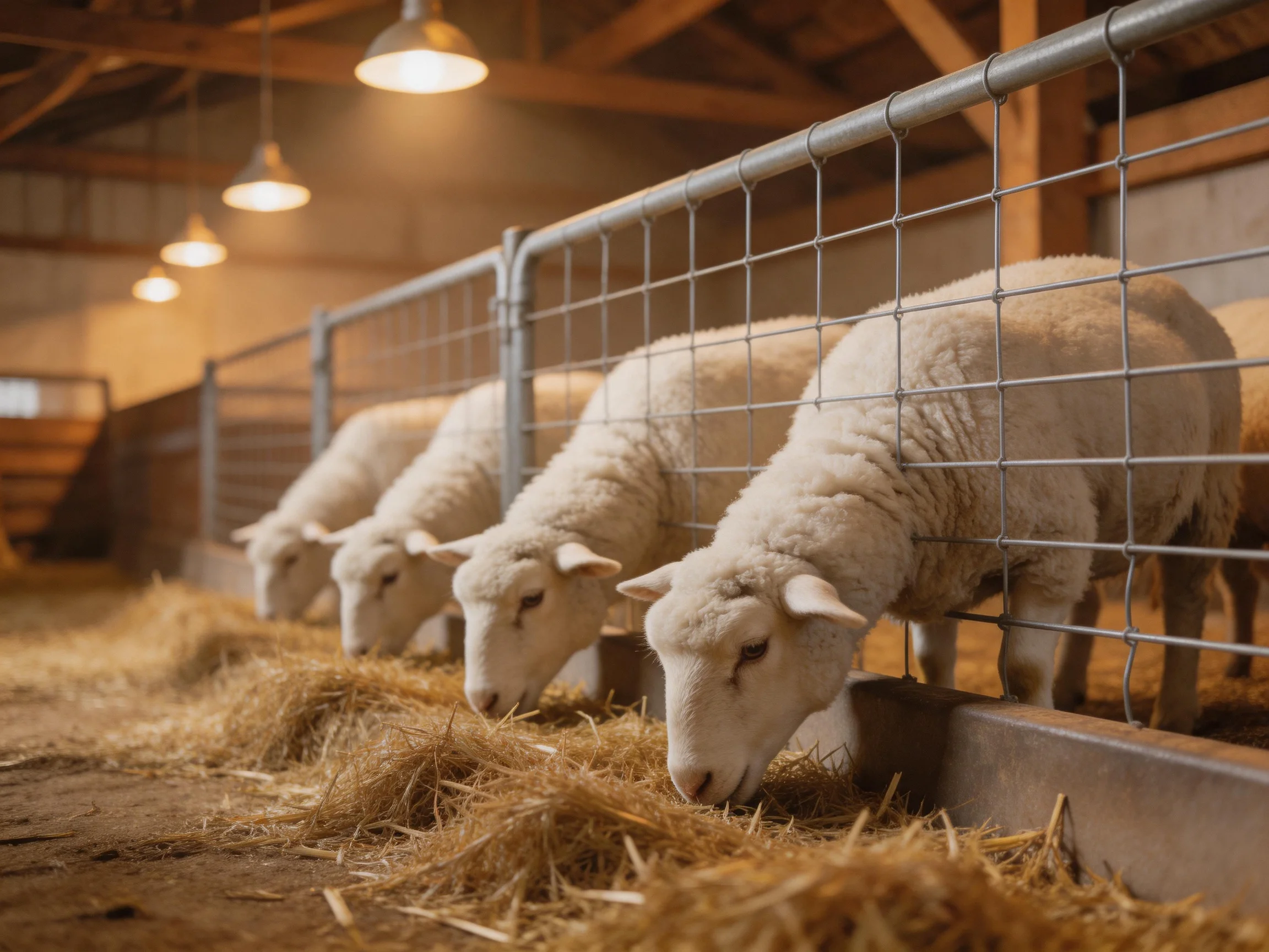 Four white sheep feeding on hay in a barn with metal fencing