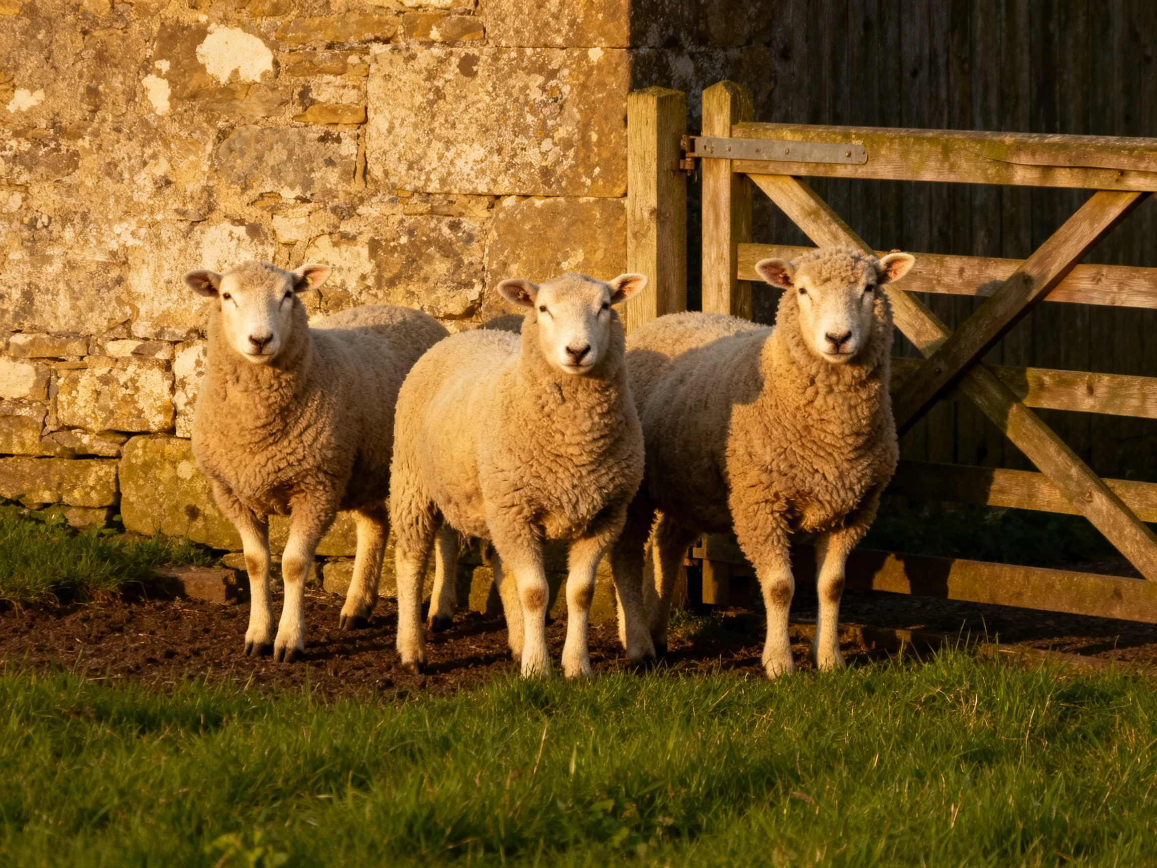 Four woolly sheep beside an aged stone wall and wooden gate