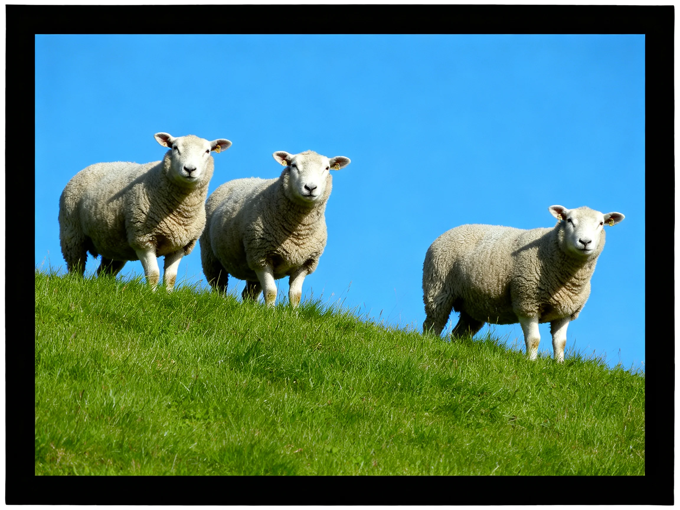 Four woolly sheep stand on a lush green hillside beneath a clear blue sky.