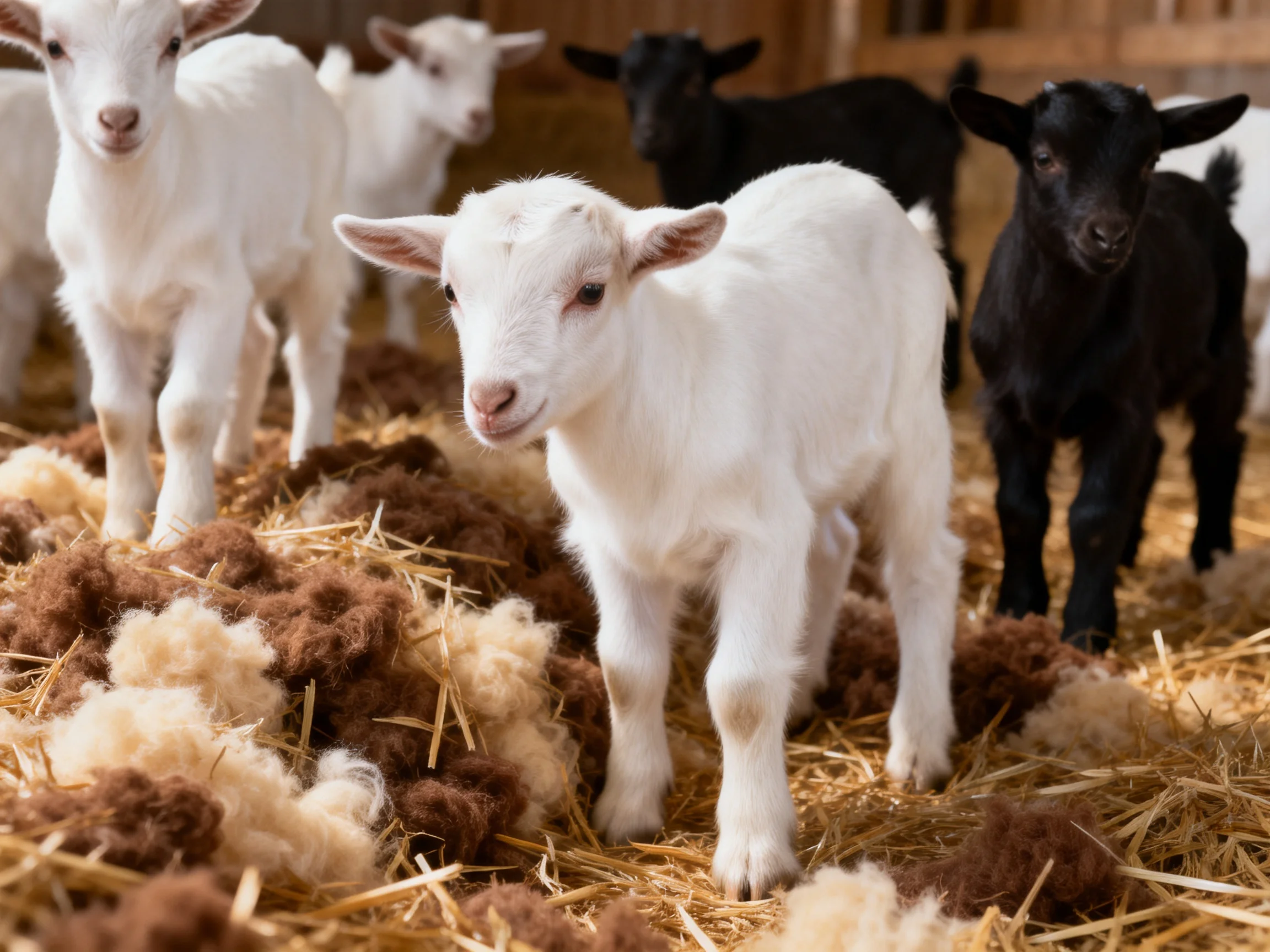 Four young goats, white and black, stand on straw and wool bedding.