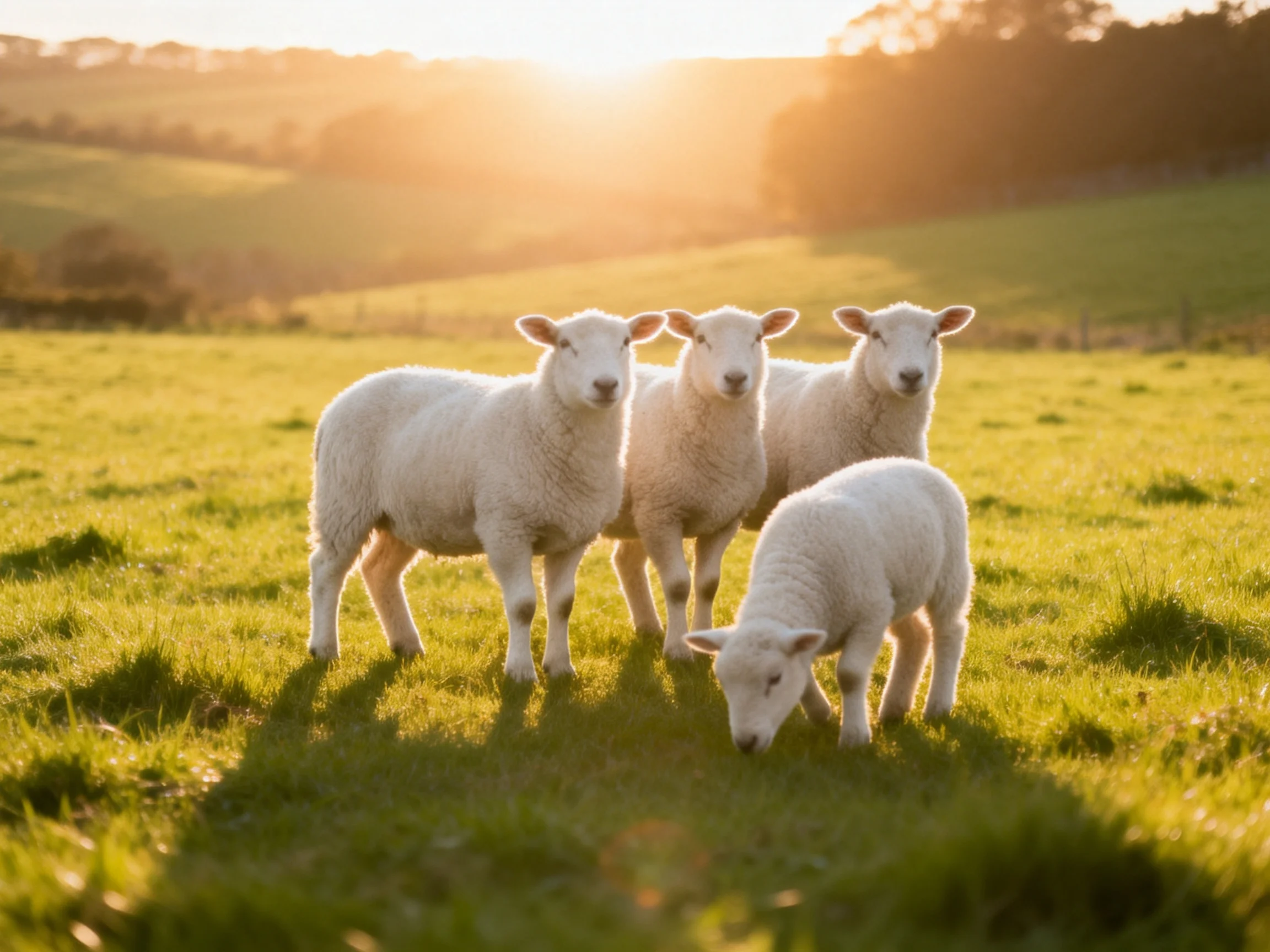 Four young sheep in a sunlit green field at golden hour