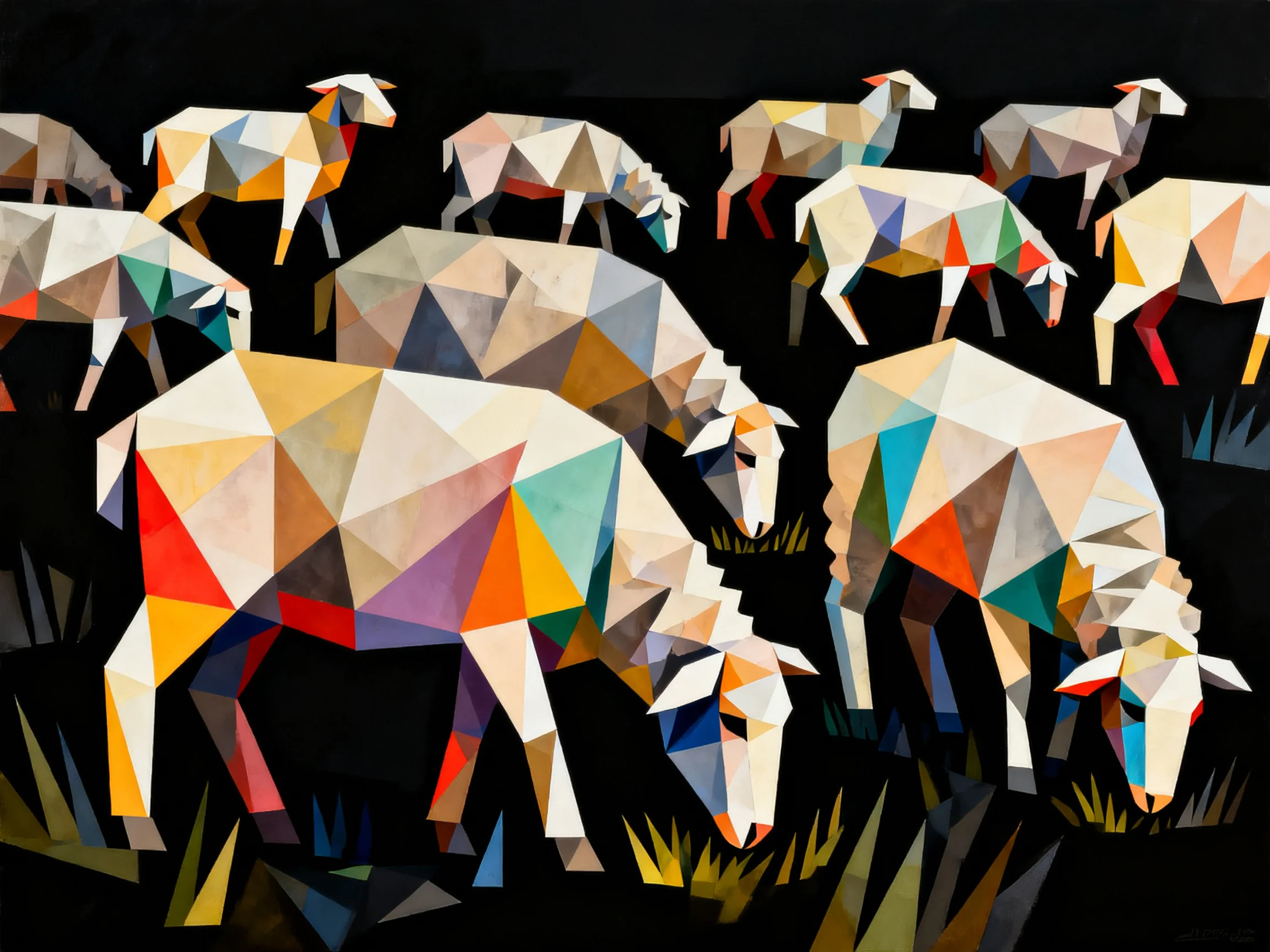 Geometrically shaped colorful farm animals in polygonal art style