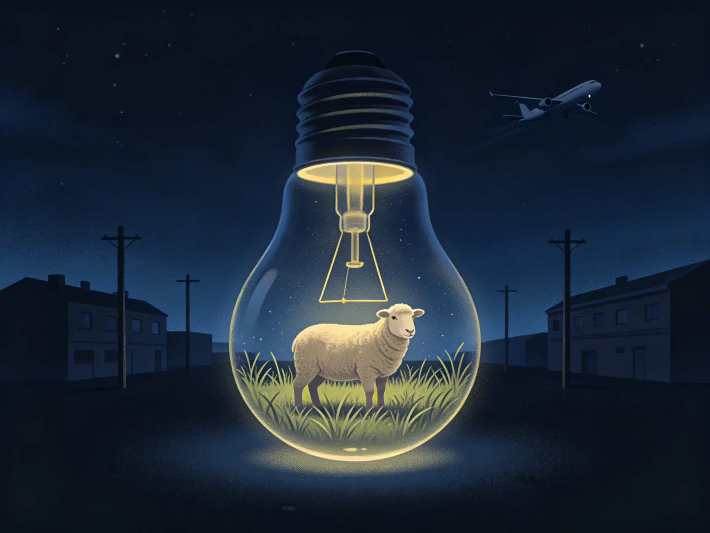 Giant Light Bulb Encloses Sheep in Night Scene