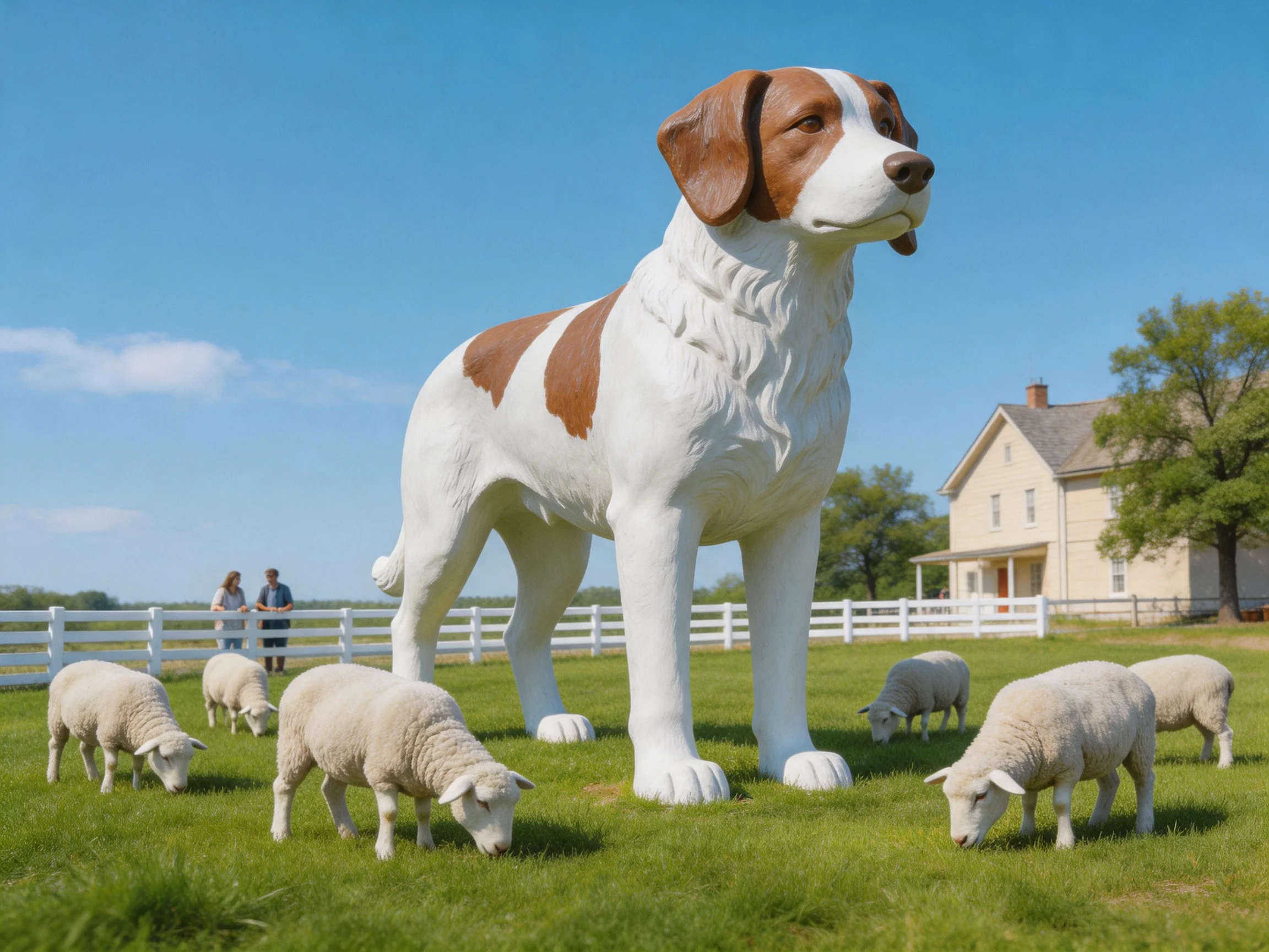 Giant brown-and-white dog statue among grazing sheep near farmhouse