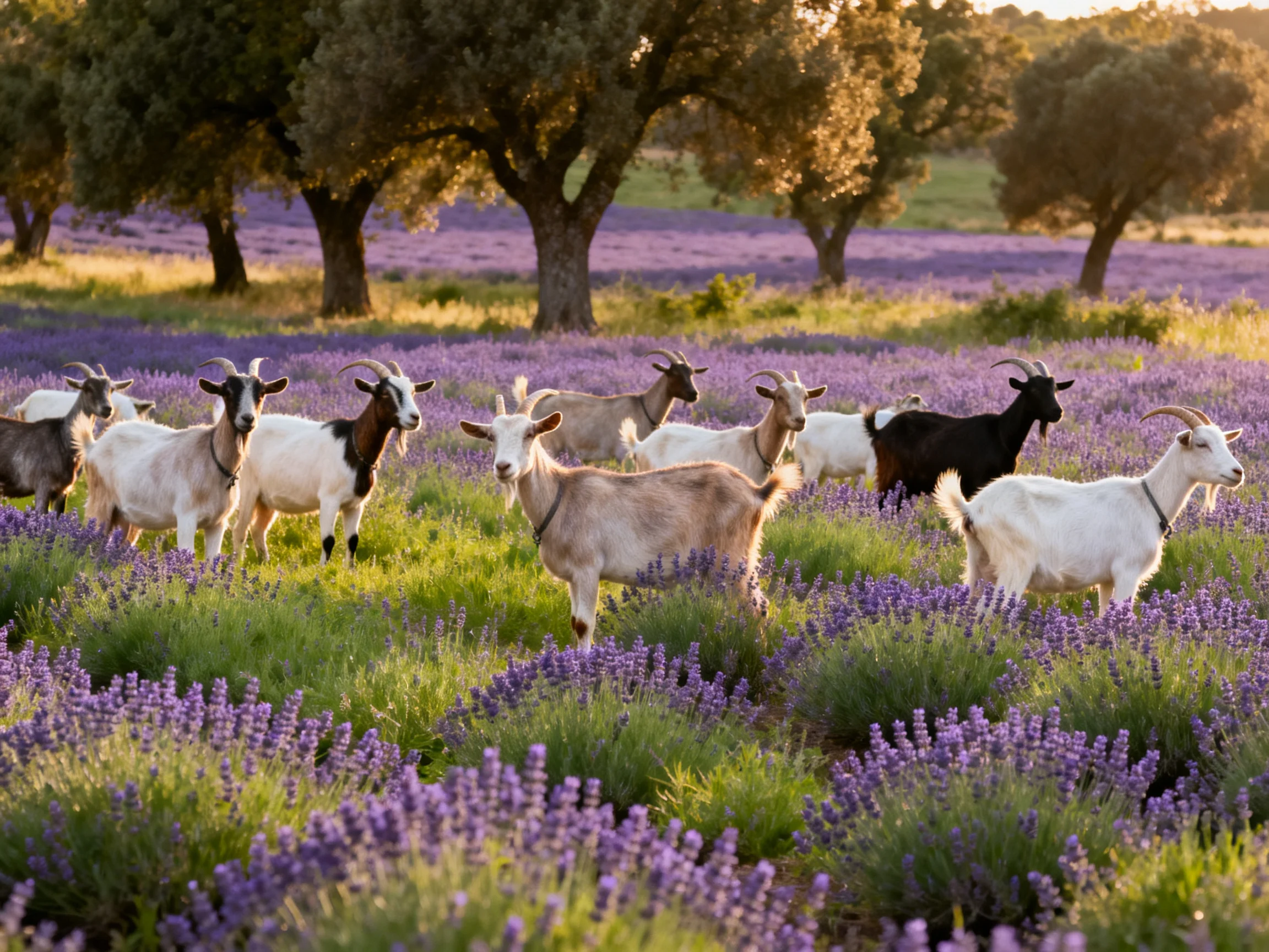 Goats grazing in a vibrant purple lavender field near ancient trees