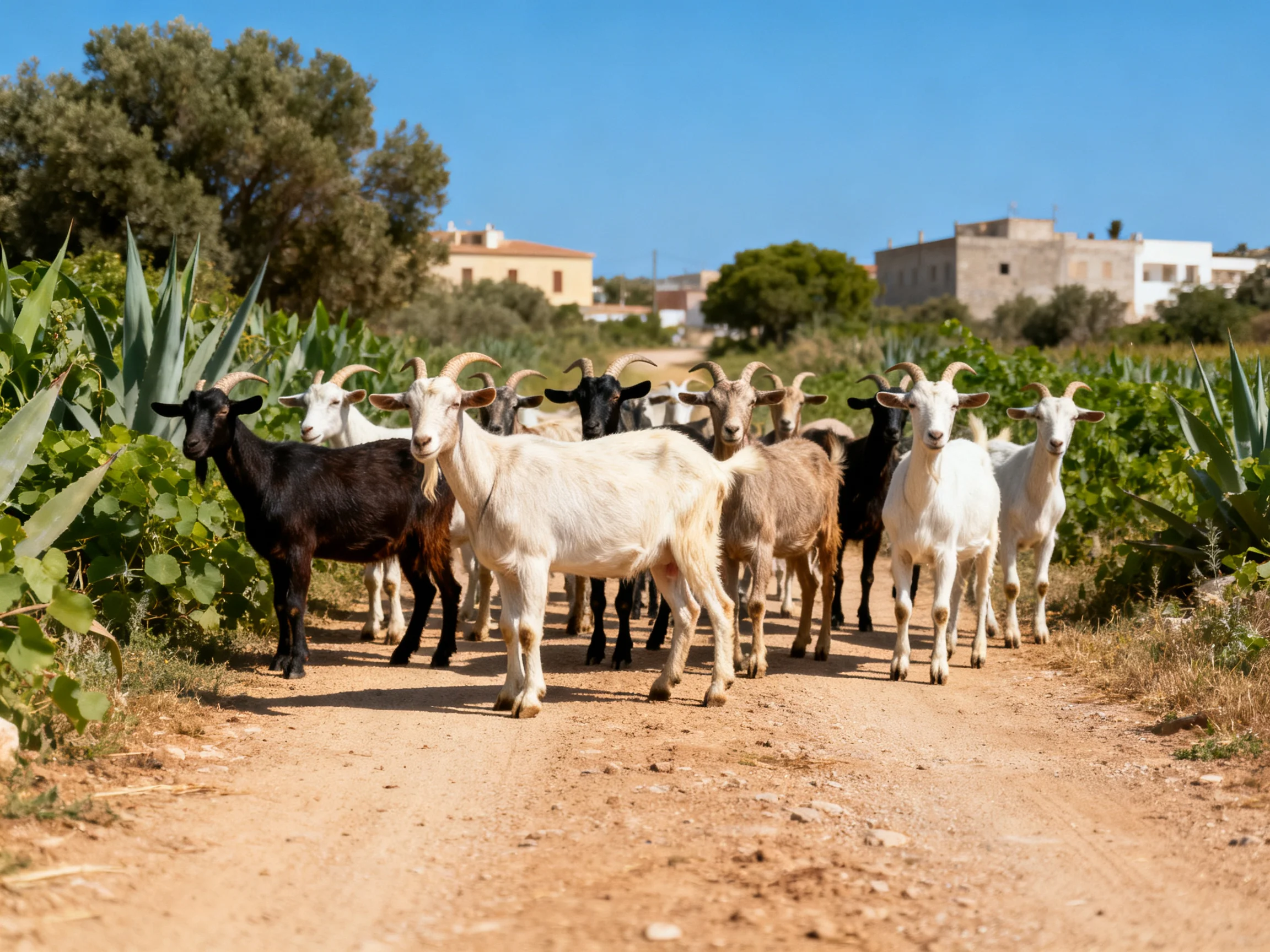 Goats in black, white, tan on a dirt path near greenery and buildings