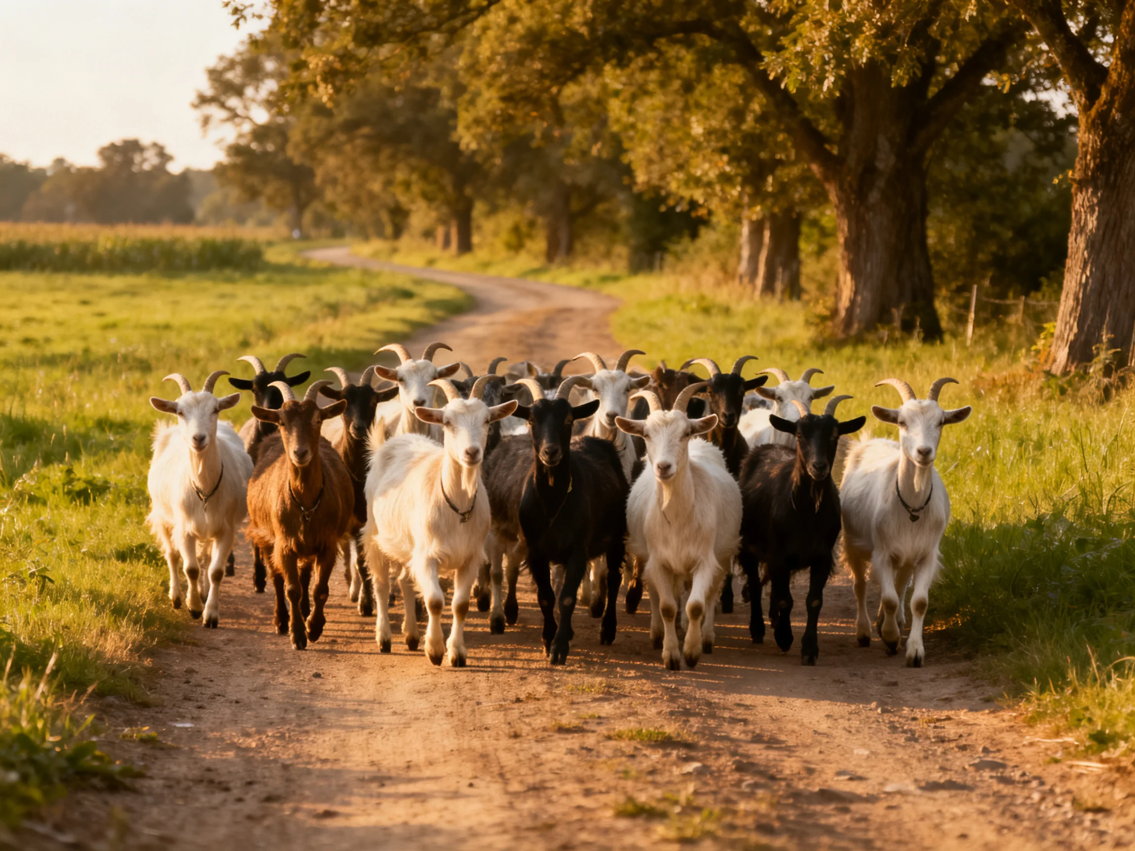 Goats in white, brown, black hues march down dirt path near trees