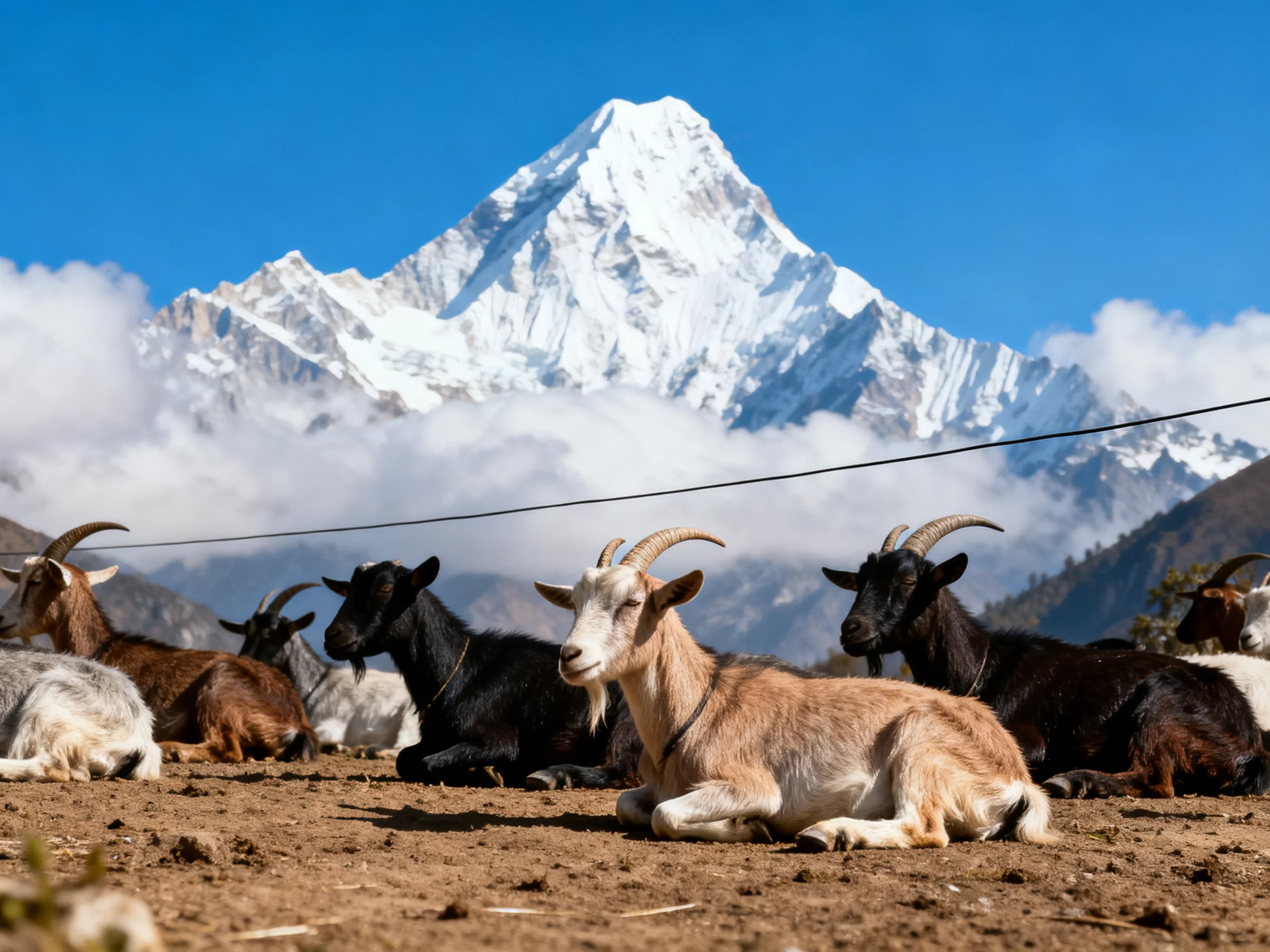 Goats resting near majestic snow-capped mountain